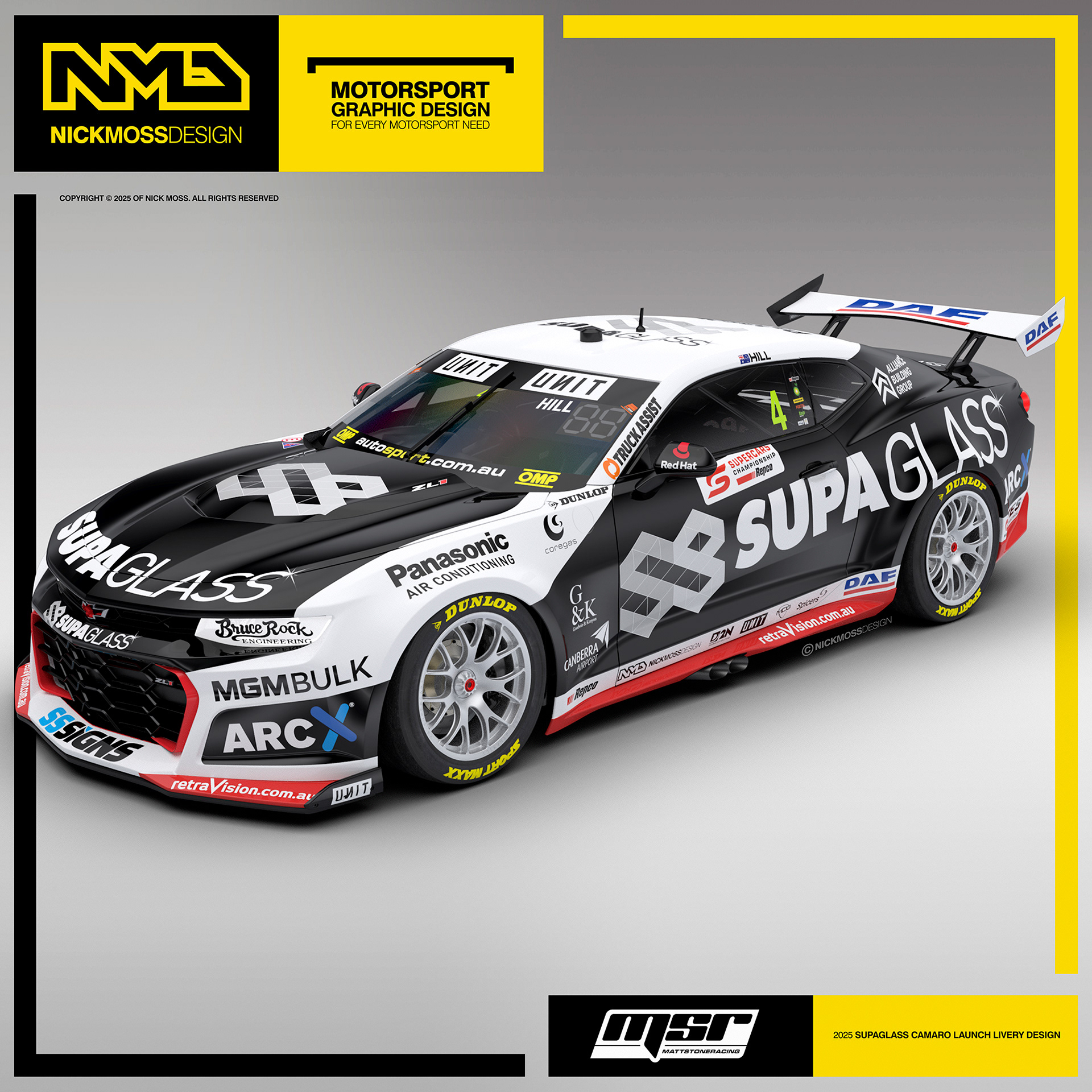 NMD nickmossdesign - 2025 Matt Stone Racing MSR Cameron Hill Supaglass Supercars Camaro Livery Design