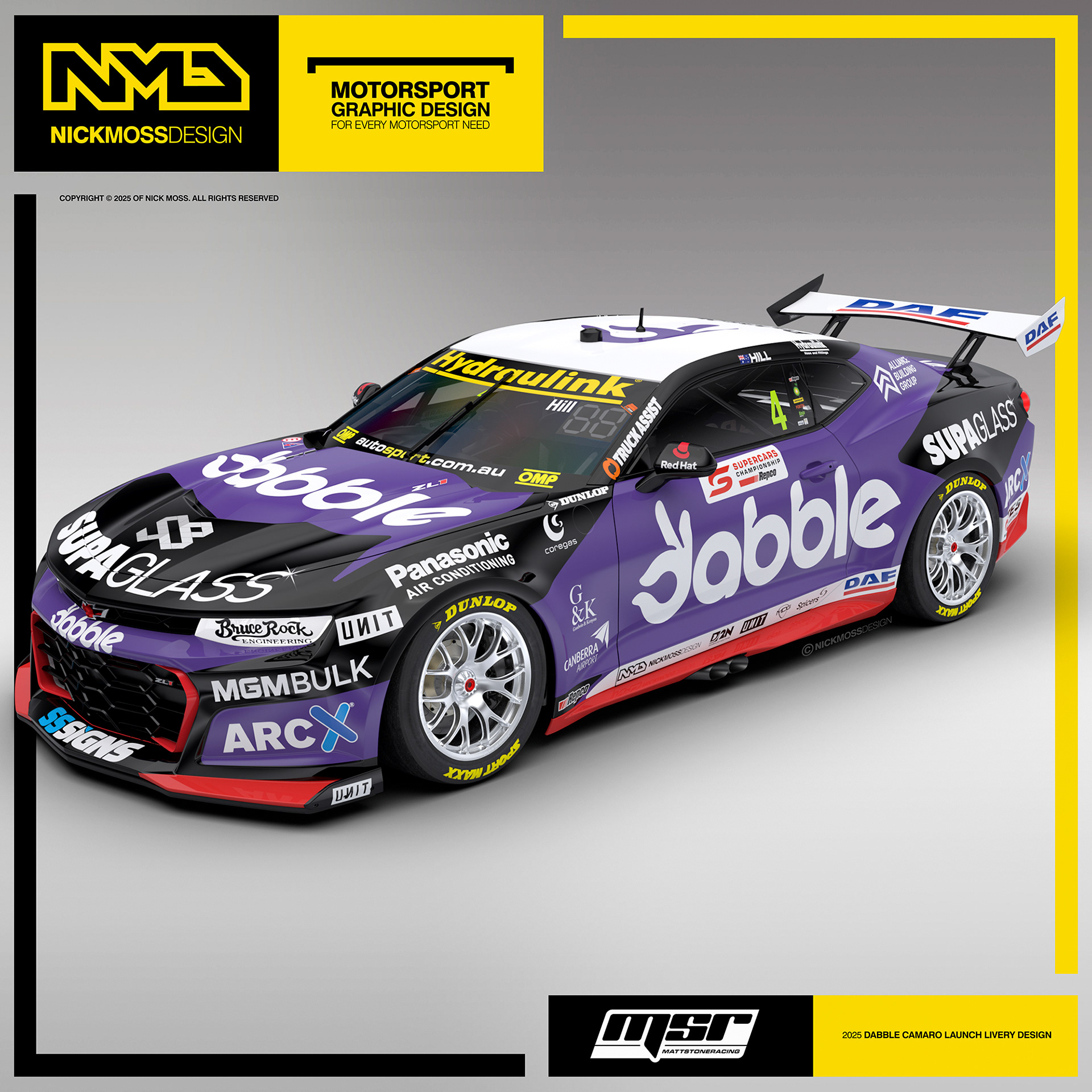 NMD nickmossdesign - 2025 Matt Stone Racing MSR Cameron Hill Dabble Supercars Camaro Livery Design