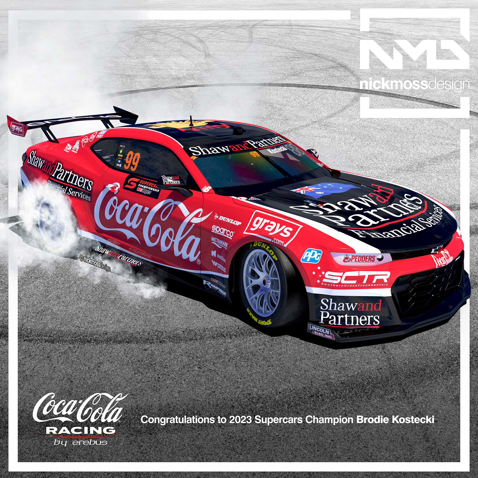 NMD nickmossdesign  - 2023 EREBUS MOTORSPORT Coca Cola GEN3 Camaro Supercars Championship WinningLivery Design