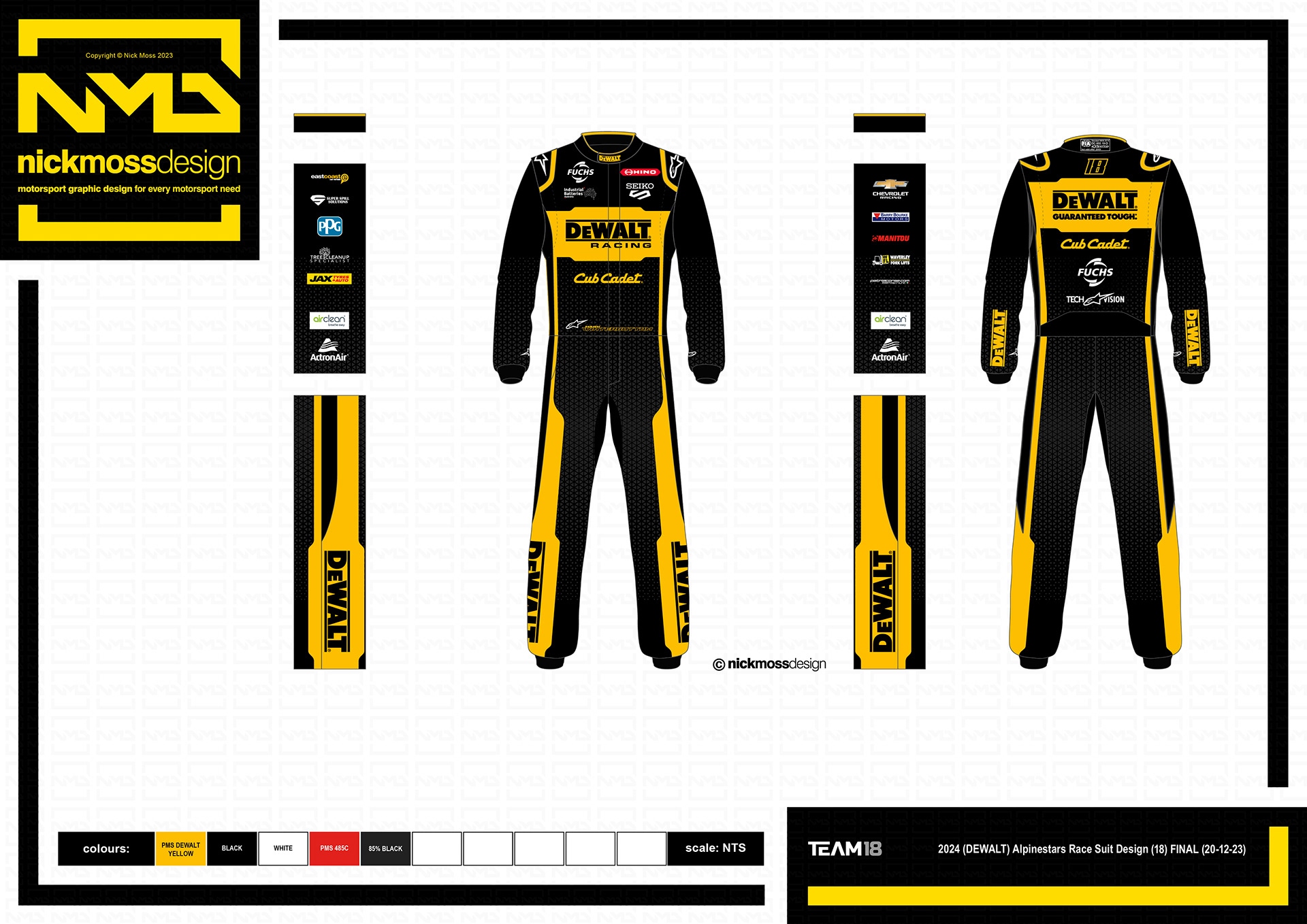 NMD nickmossdesign - 2024 TEAM18 Mark WInterbottom DEWALT Supercars Race Suit Design