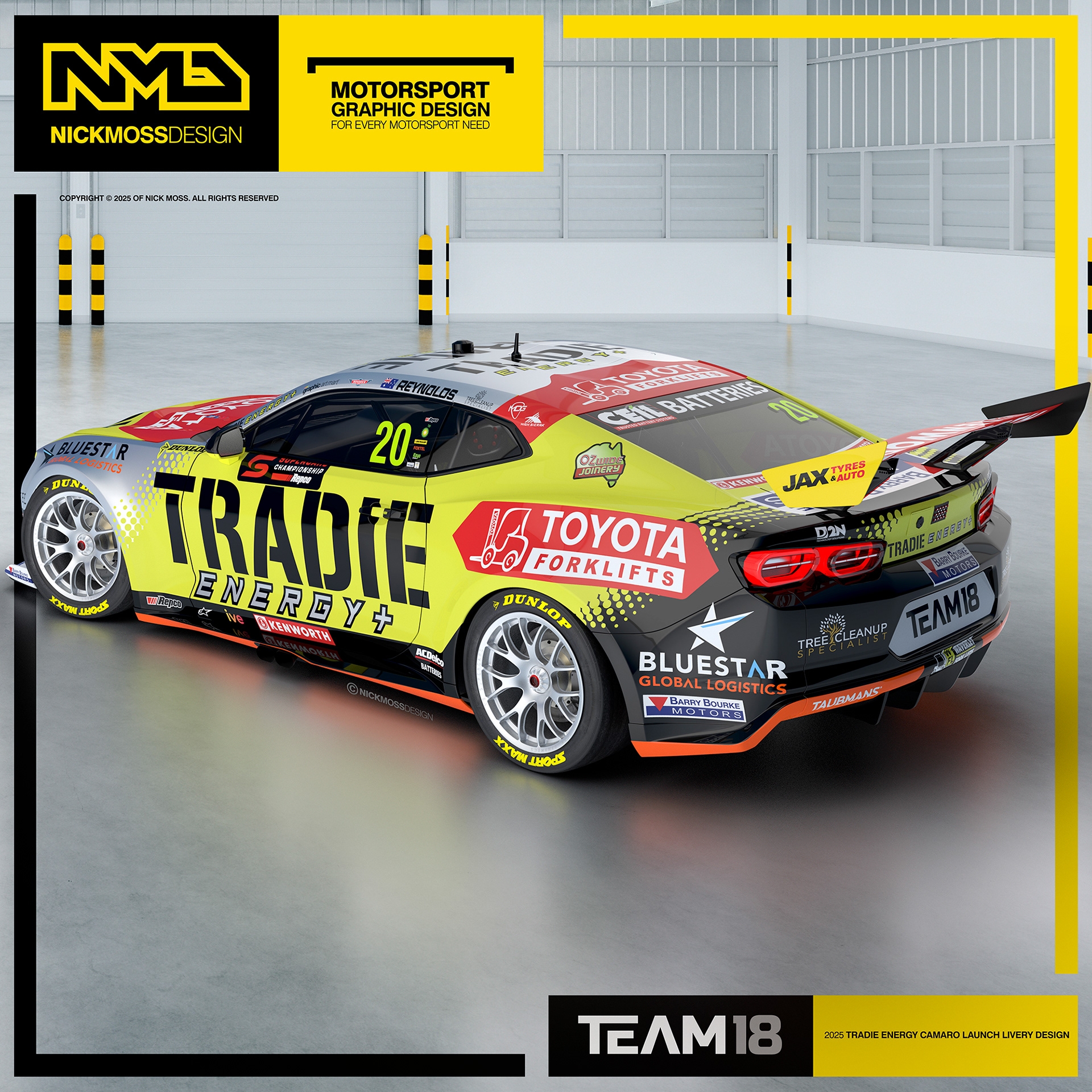 NMD nickmossdesign - 2025 TEAM18 David Reynolds TRADIE ENERGY Supercars Camaro Livery Design