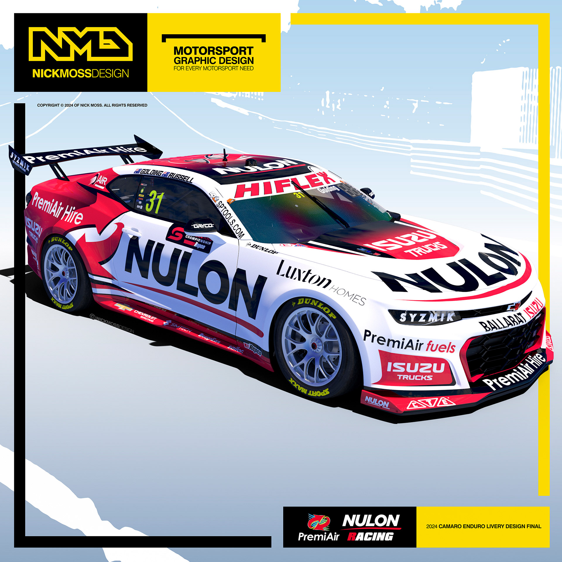 NMD nickmossdesign - 2024 PREMI-AIR NULON RACING GEN3 Supercar Camaro "Peter Hughes" Livery Design