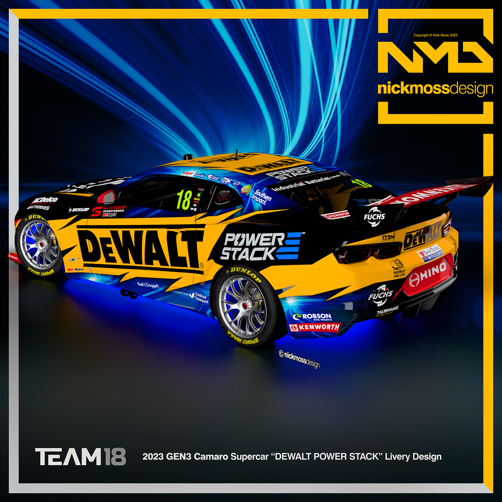 NMD nickmossdesign  - 2023 TEAM18 DEWALT GEN3 Camaro Supercars  POWER STACK Livery Design