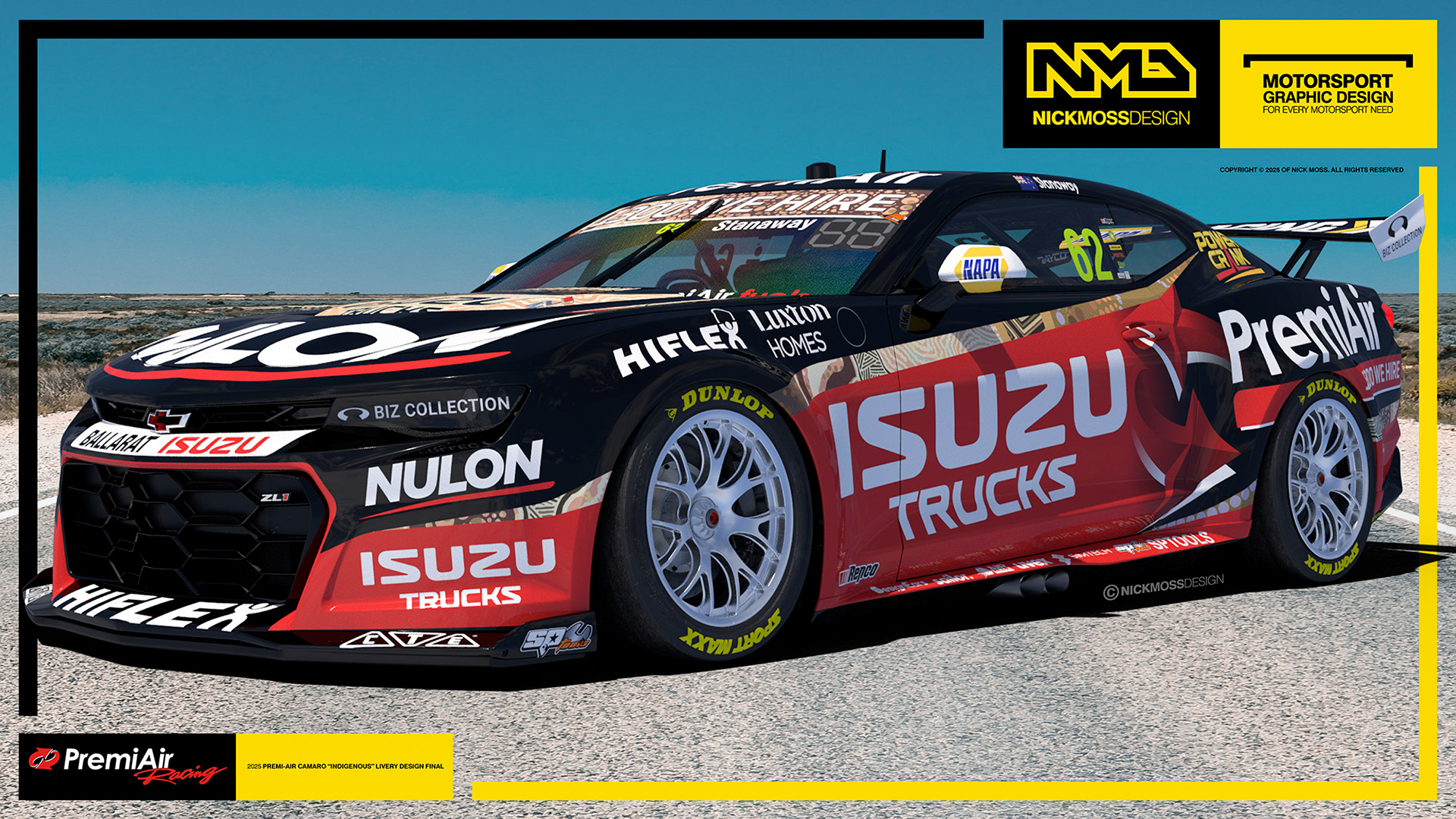 NMD nickmossdesign - 2025 PREMI-AIR RACING GEN3 Supercar Camaro INDIGENOUS Livery Design