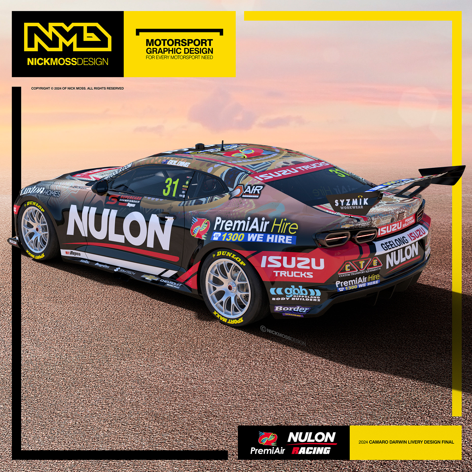 NMD nickmossdesign - 2024 PREMI-AIR NULON RACING GEN3 Supercar Camaro Indigenous Livery Design