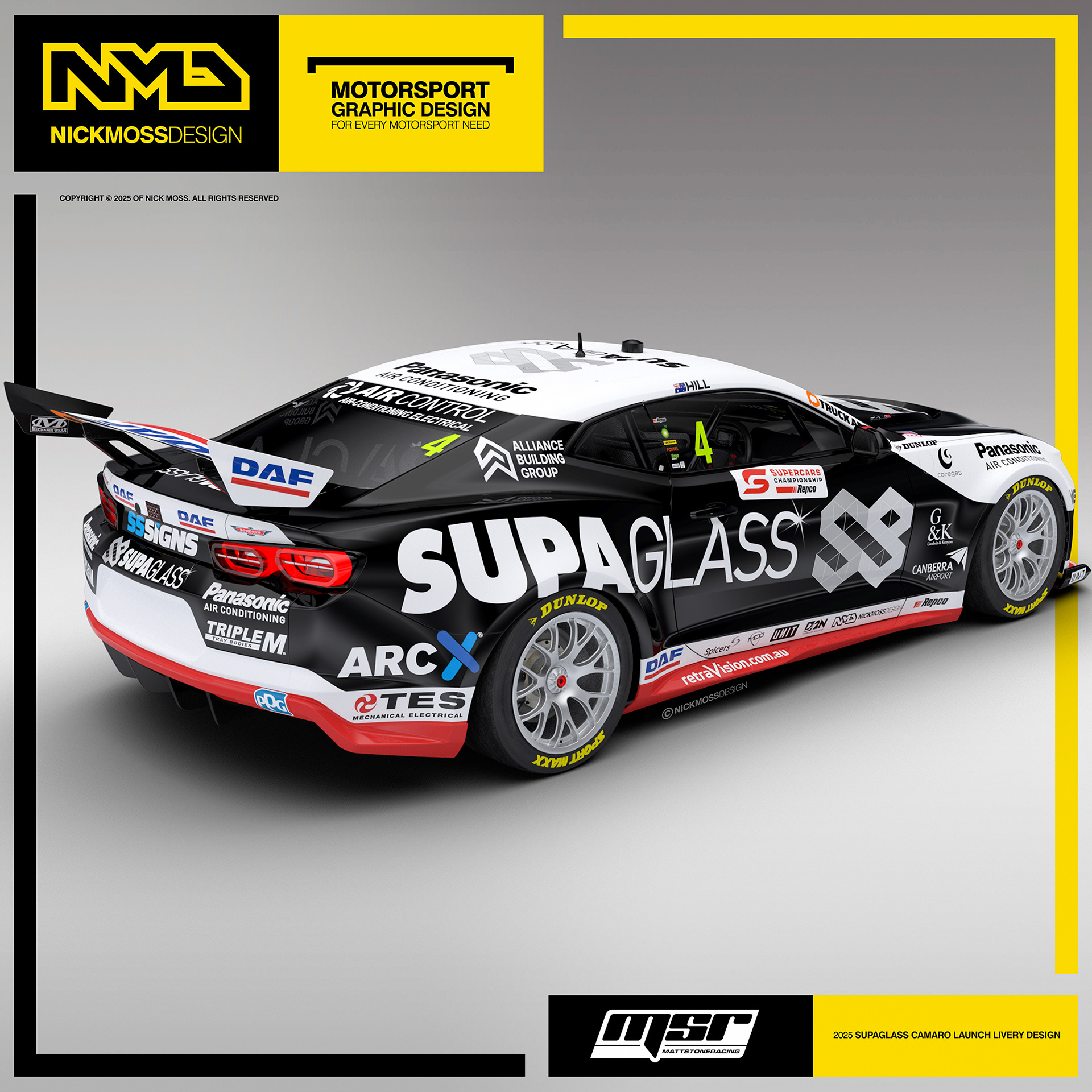 NMD nickmossdesign - 2025 Matt Stone Racing MSR Cameron Hill Supaglass Supercars Camaro Livery Design