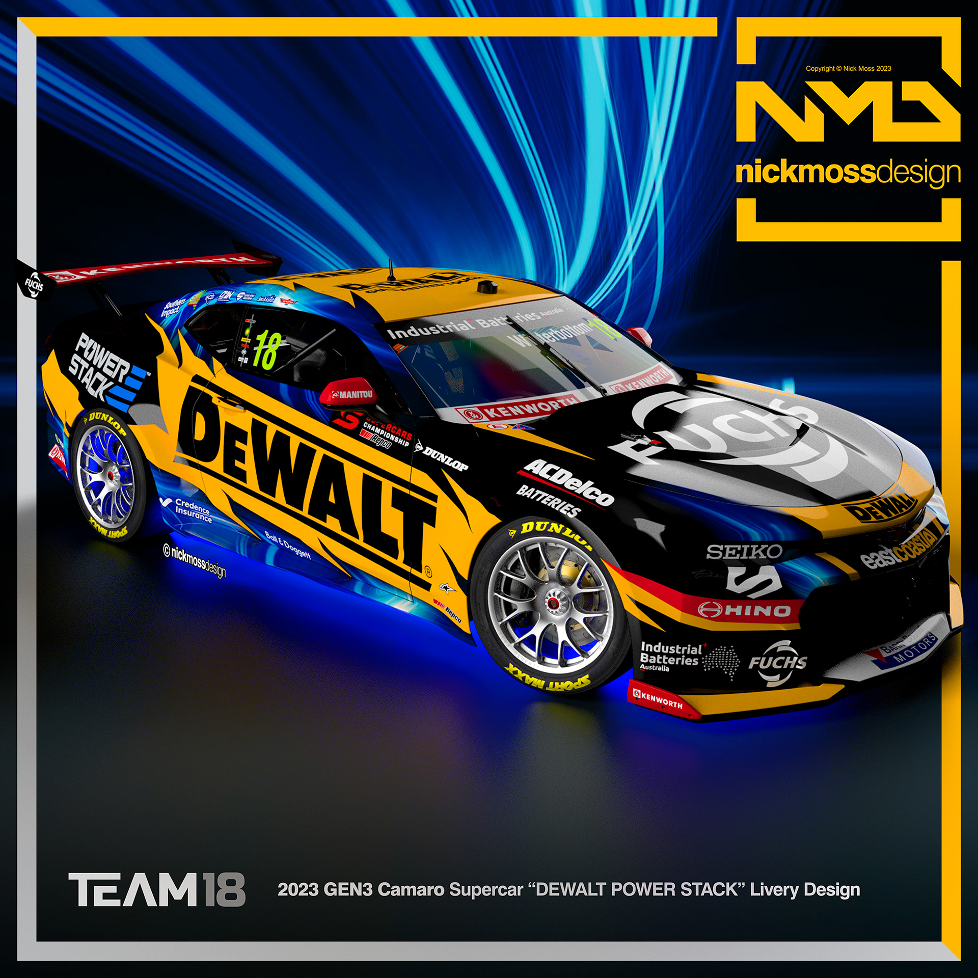 NMD nickmossdesign  - 2023 TEAM18 DEWALT GEN3 Camaro Supercars  POWER STACK Livery Design