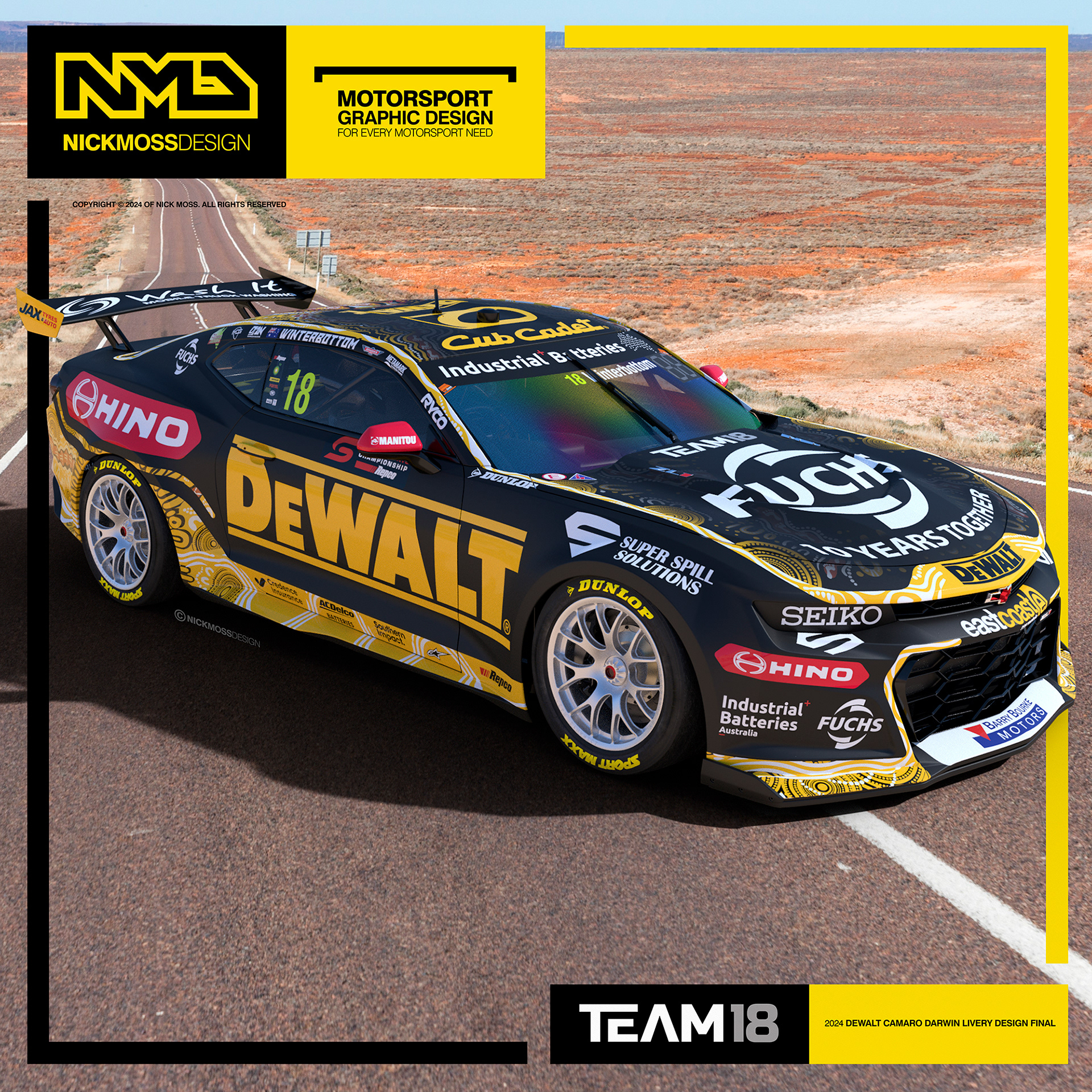 NMD nickmossdesign - 2024 TEAM18 Mark Winterbottom DEWALT Supercars Camaro Indigenous Livery Design
