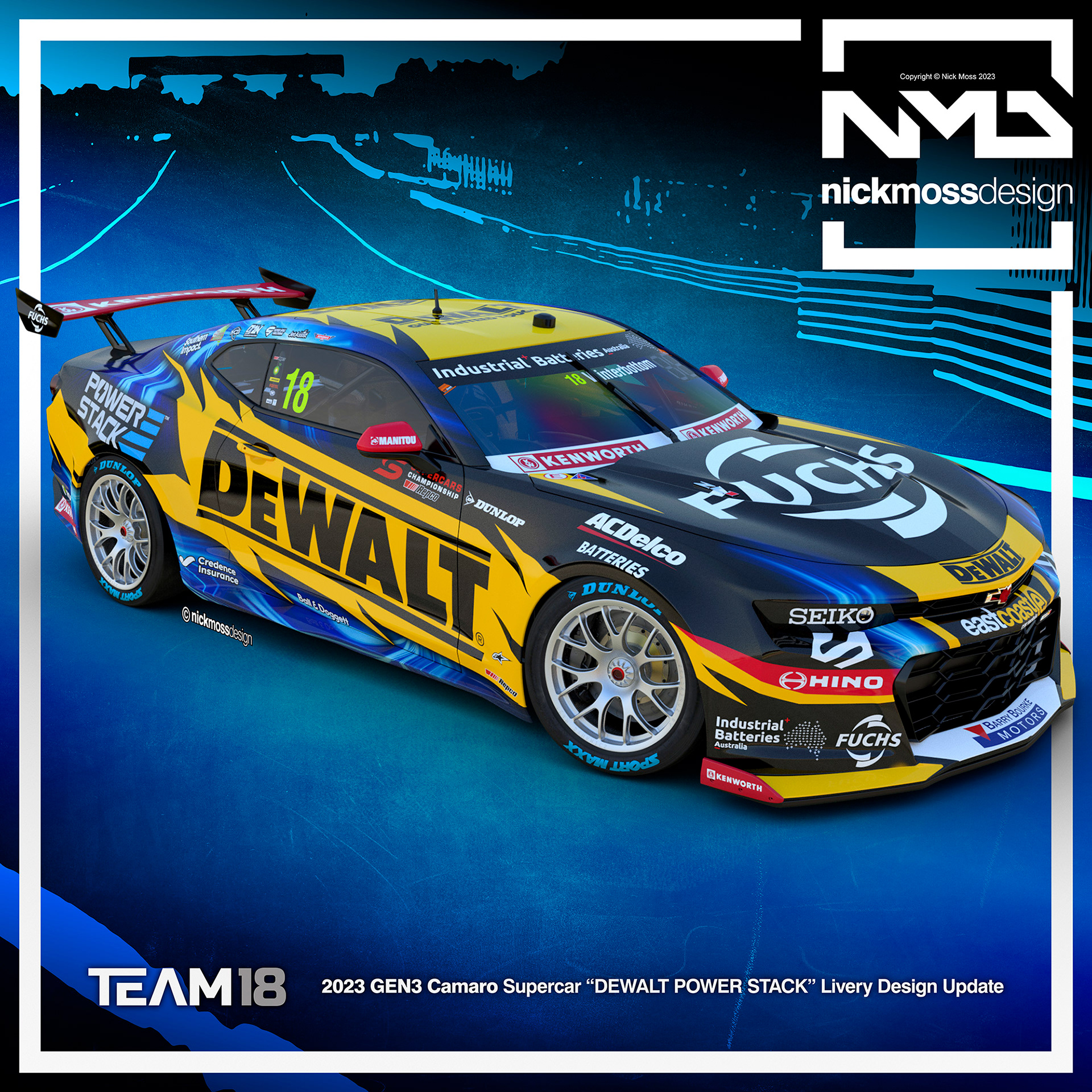 NMD nickmossdesign  - 2023 TEAM18 DEWALT GEN3 Camaro Supercars  POWER STACK Livery Design