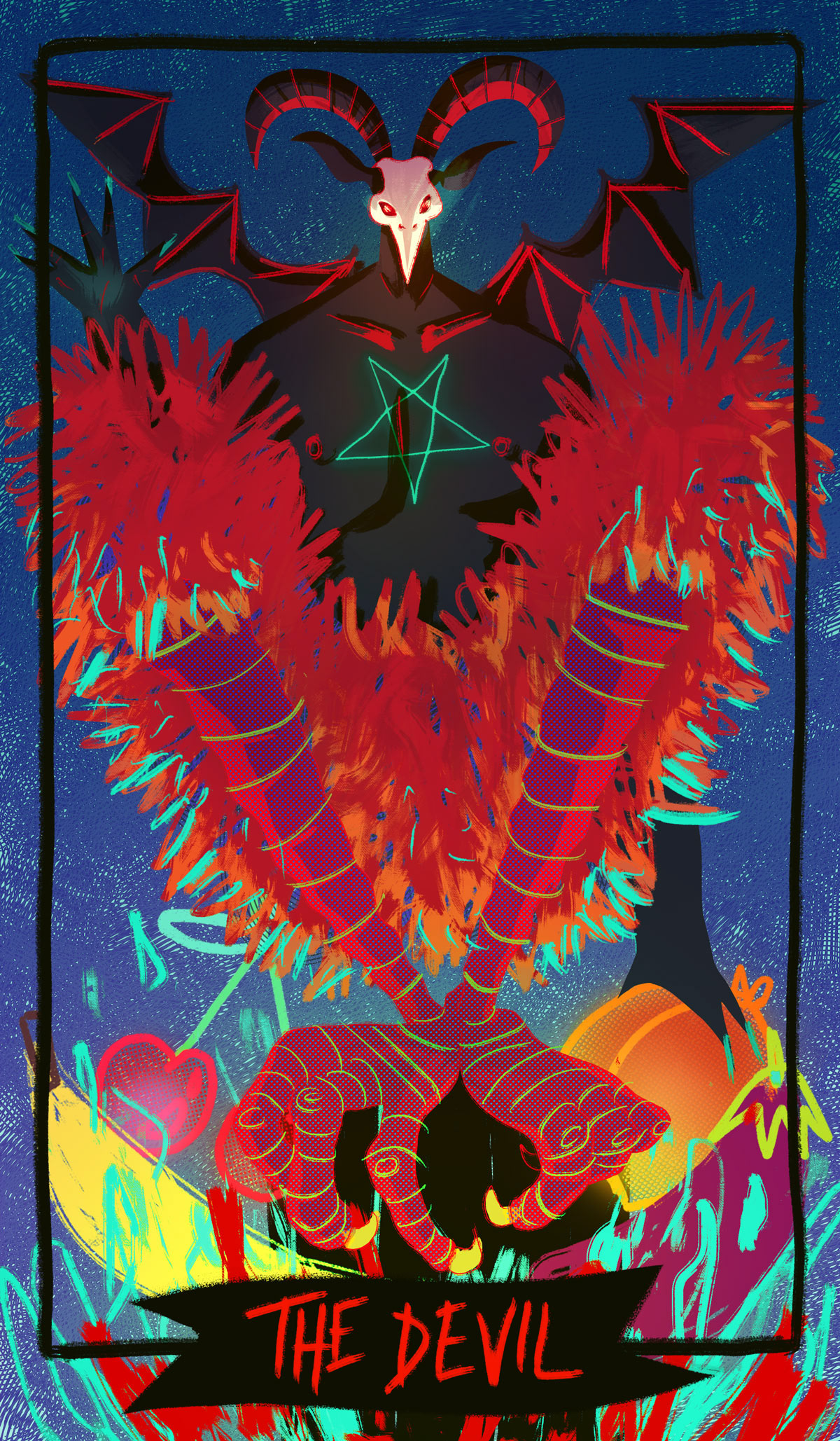 Art by Edanur Kuntman, her version of the Devil Card, a evilish looking creature sitting on fruits that are usually associated with sex.