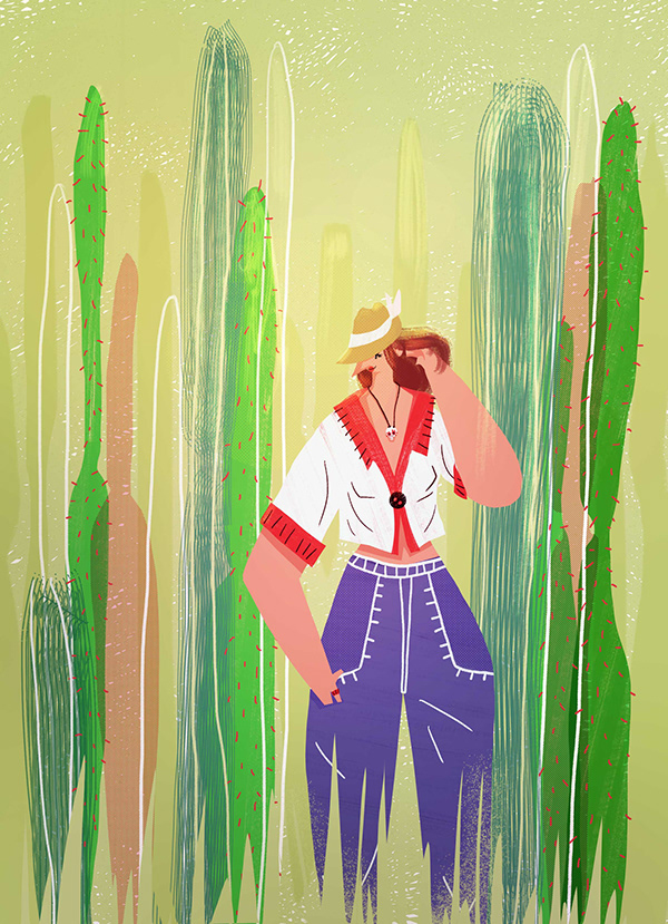 A drawing of a woman standing in between very tall cacti by Edanur Kuntman