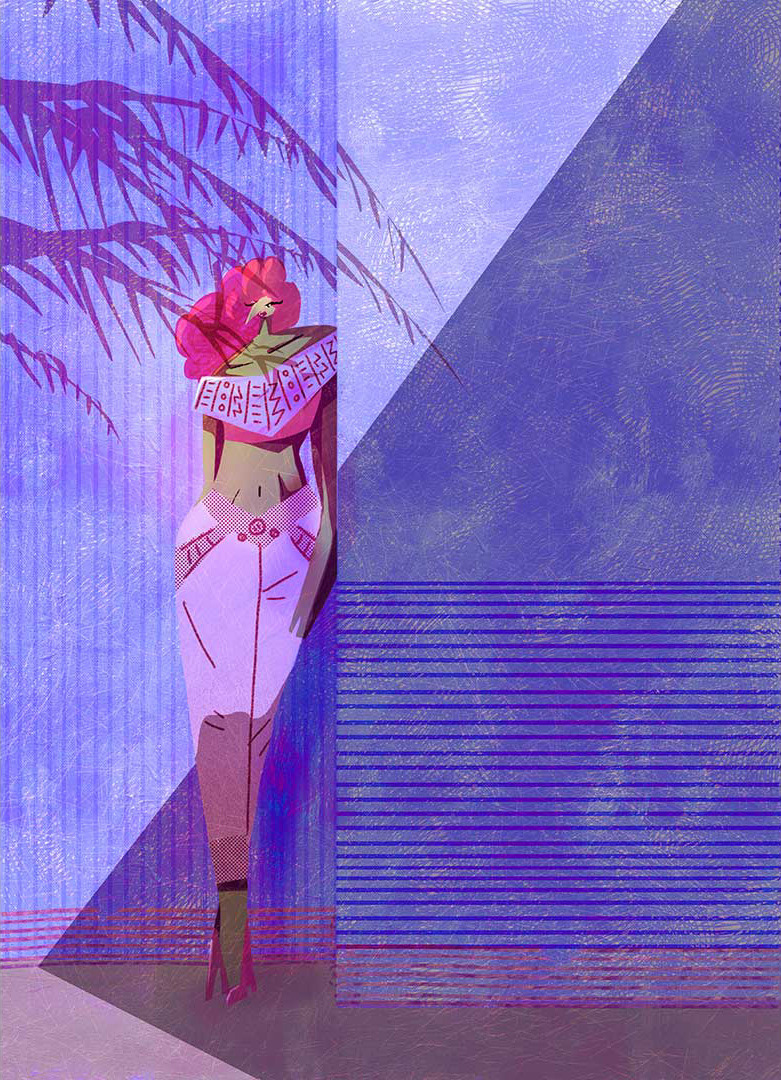 Art by Edanur Kuntman showing a fashionable woman standing underneath a shadow of a tropical tree