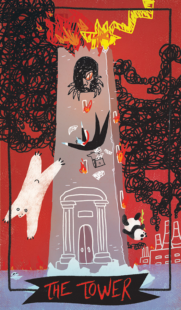 Edanur Kuntman's artwork of the Tower card, on which a polar bear, panda and a man in suit shown falling from the tower.