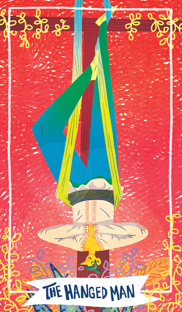 art by Edanur Kuntman illustrating the Hanged Man card as a person doing aerial yoga.