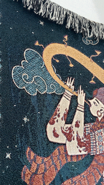 Woven wall tapestry by Edanur Kuntman depicting the Unicorn In Captivity Tapestry in her own style, animated gif.