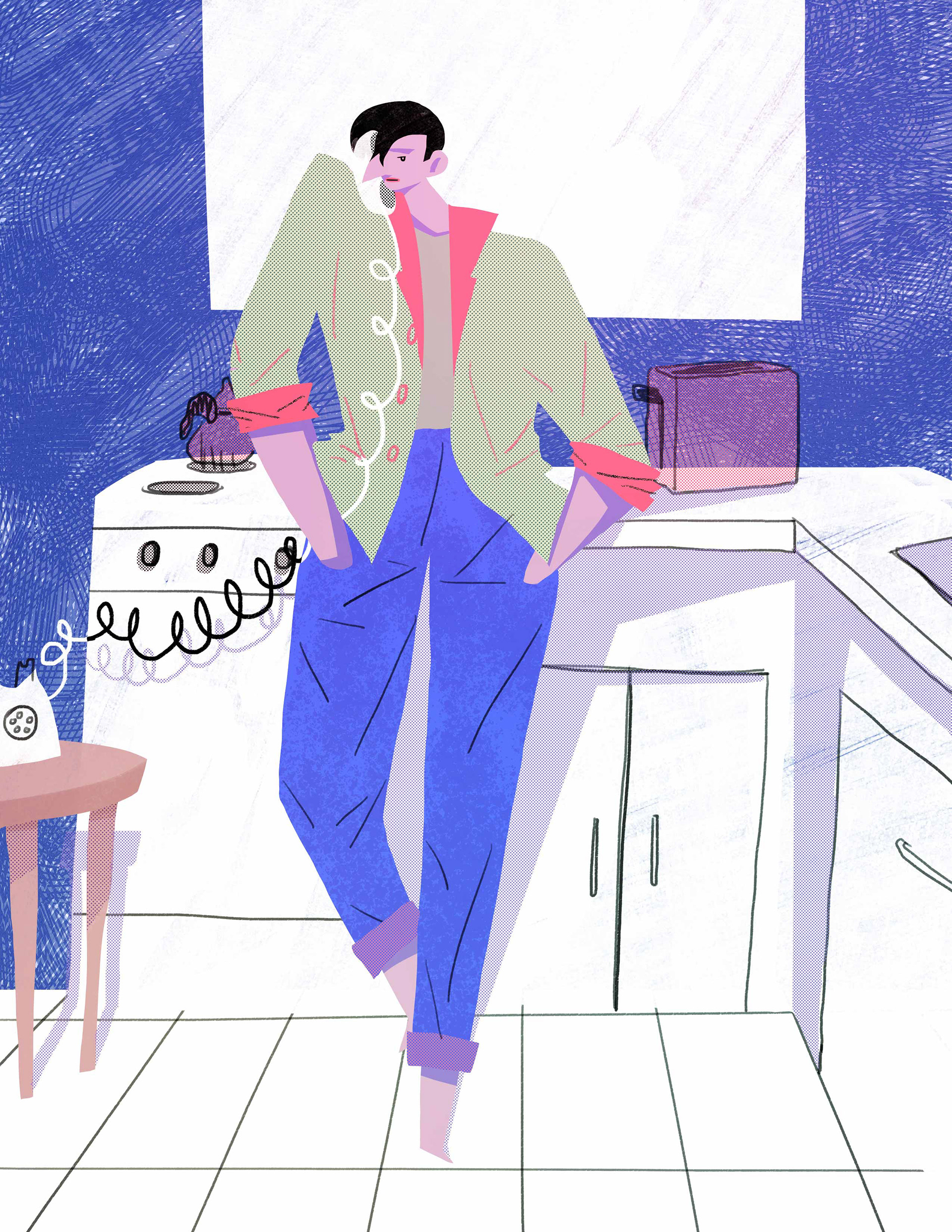 art by Edanur Kuntman showing a guy wearing a cool jacket in a kitchen talking to someone over the cable phone