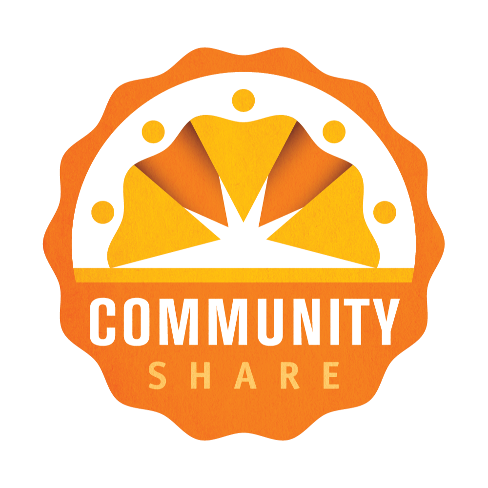 CommunityShare's logo - a wavy orange circle with alternating gold and orange triangles in the top half. The bottom half of the circle has "CommunityShare" written in white and light orange text.