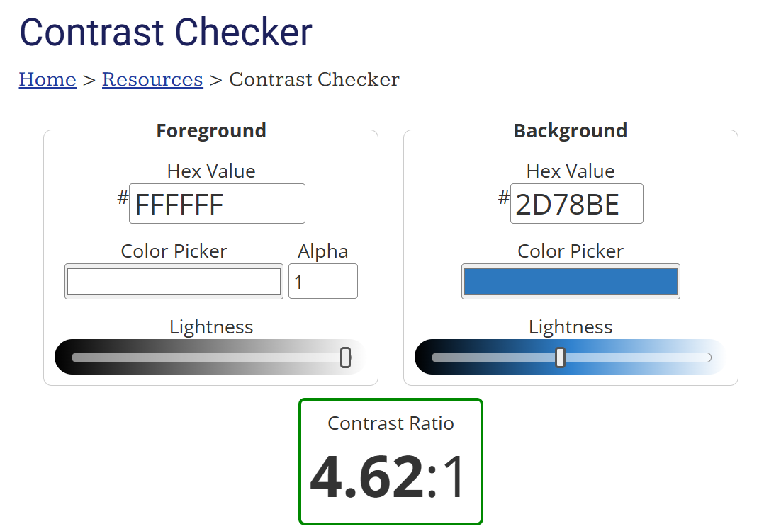 Color contrast checker: Foreground Hex #FFFFFF, Background Hex #2D78BE