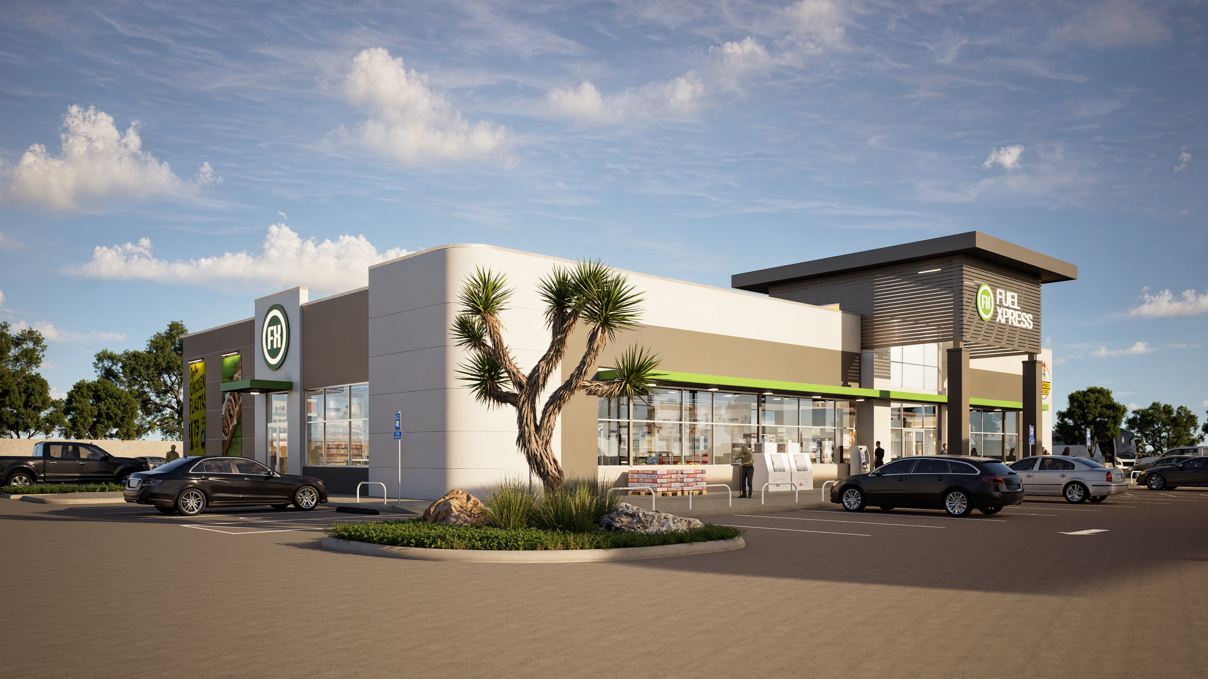 Durable façade materials emphasize utility, economy, and clean geometry.