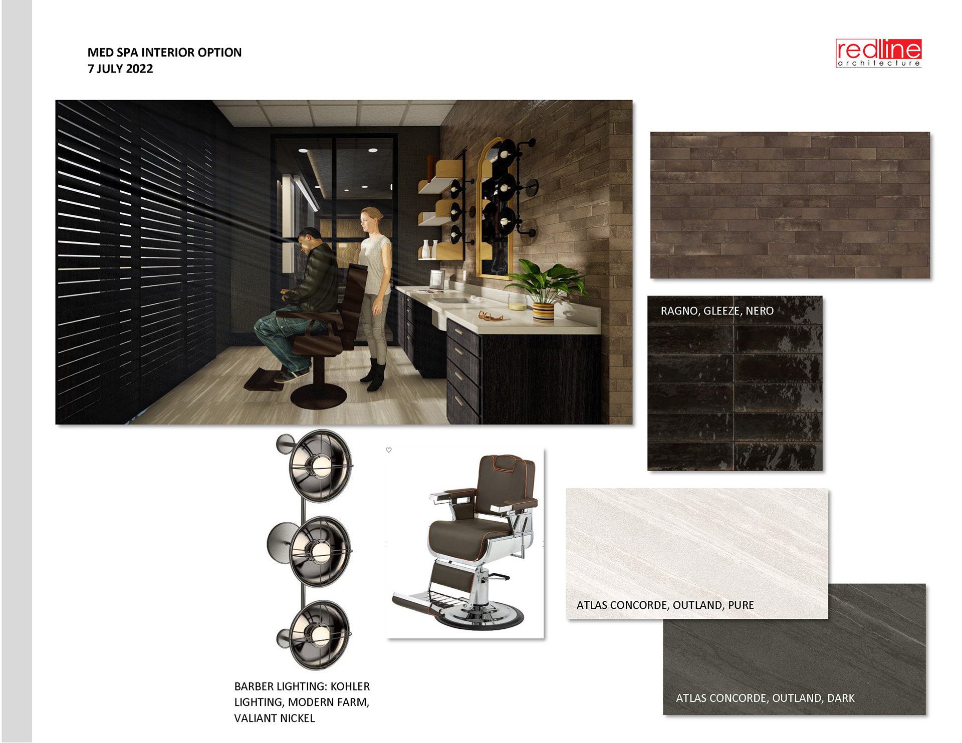 Material palette of patina, walnut, and soft light evokes an elevated retro spirit.