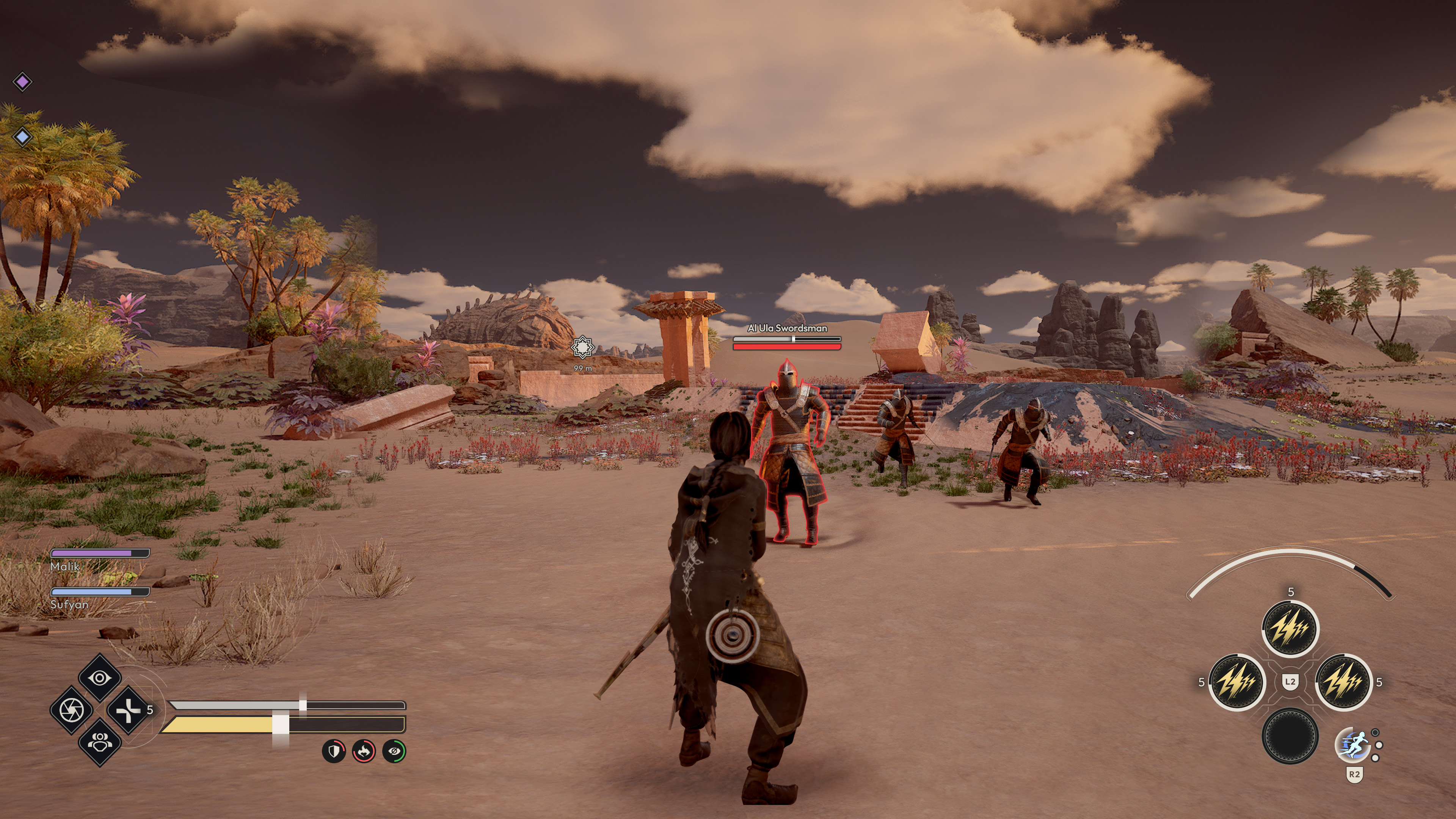 Player character is in range. Enemy within range receives Health, Stamina bars as well as their name appearing above.
