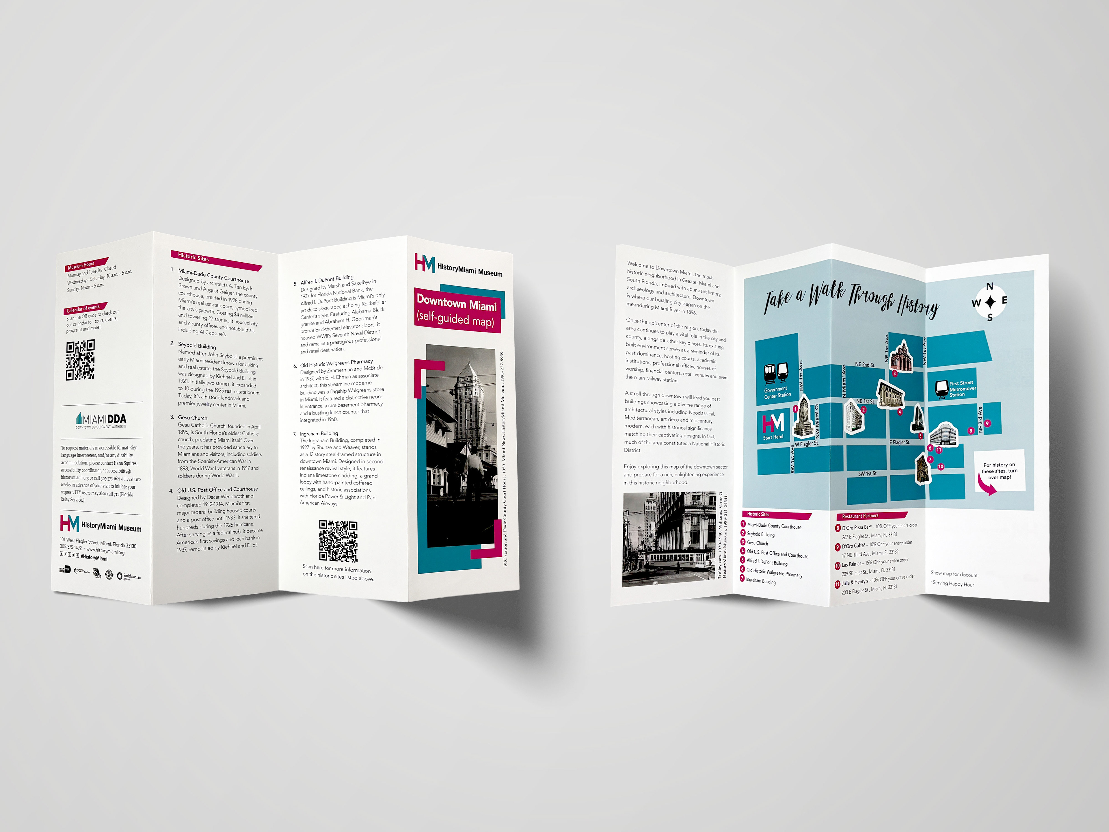 Self-guided map for the Miami Downtown Development Authority, featuring my custom illustrations, researched accuracy, and full brochure design and production by me.