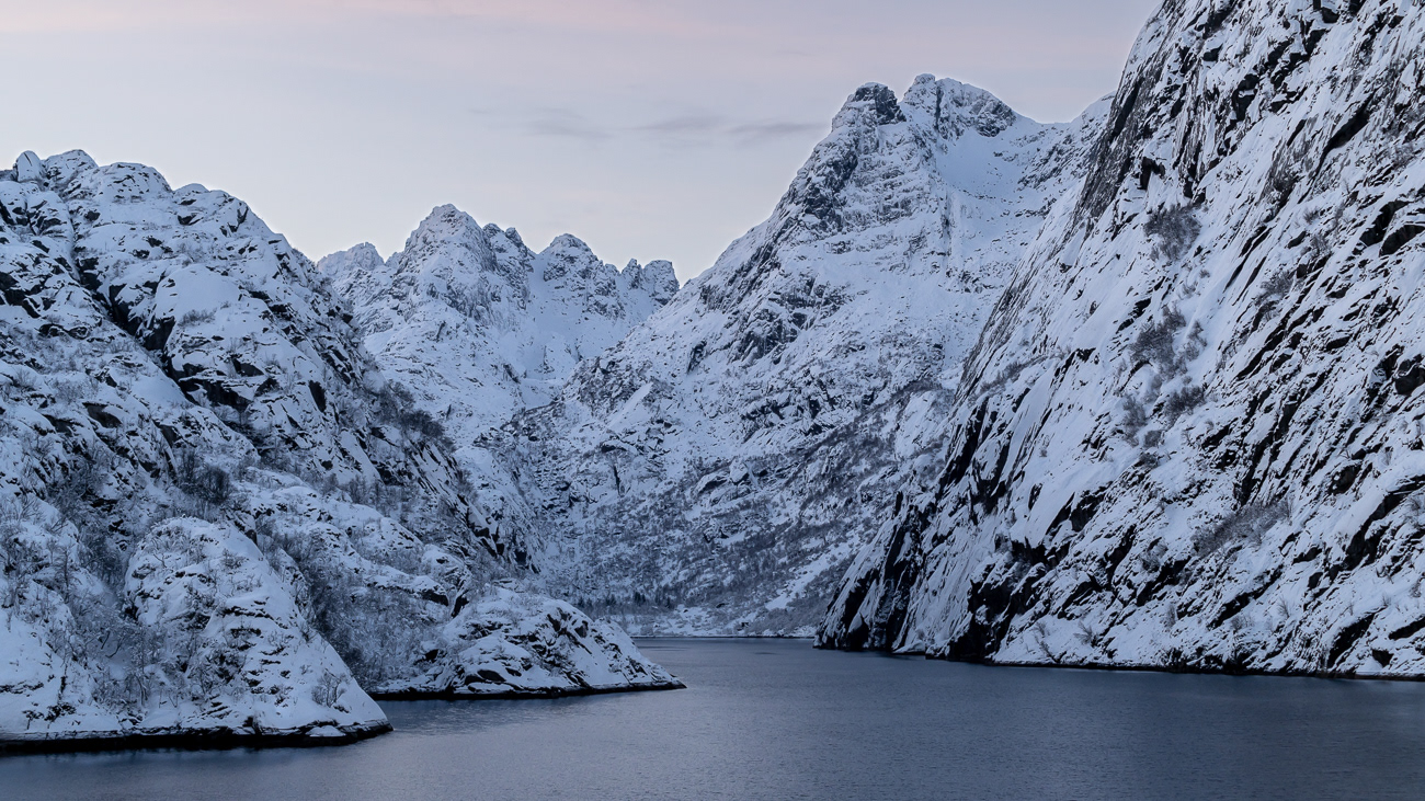 Trollfjord Fjord - Norway.  View from Hurtigruten MS Trollfjord looking into the mouth of Trollfjord Fjord - Image taken 20-11-23
