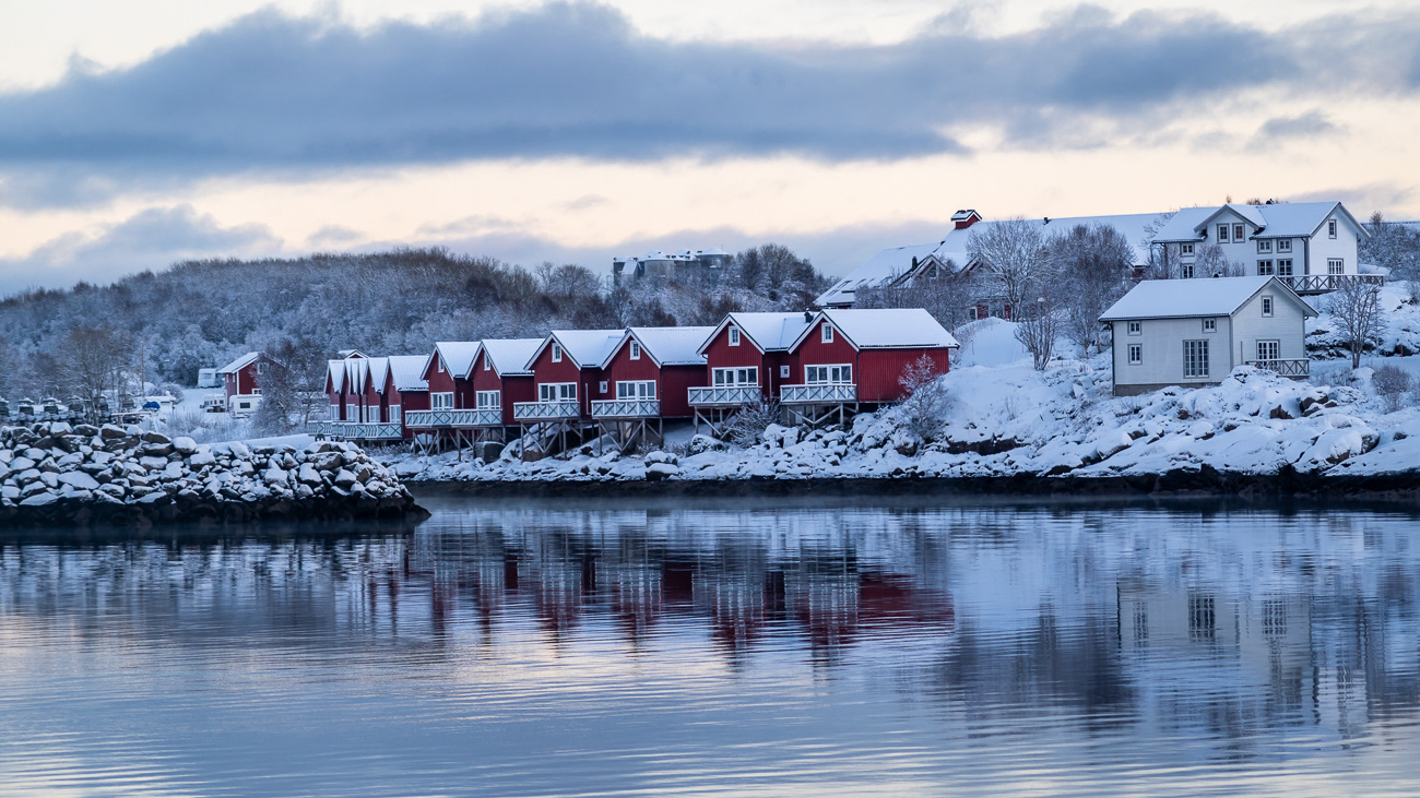 Norwegian Red Cottages - Stokmarknes, Norway.  Iconic red cottages of Norway - Image taken 20-11-23