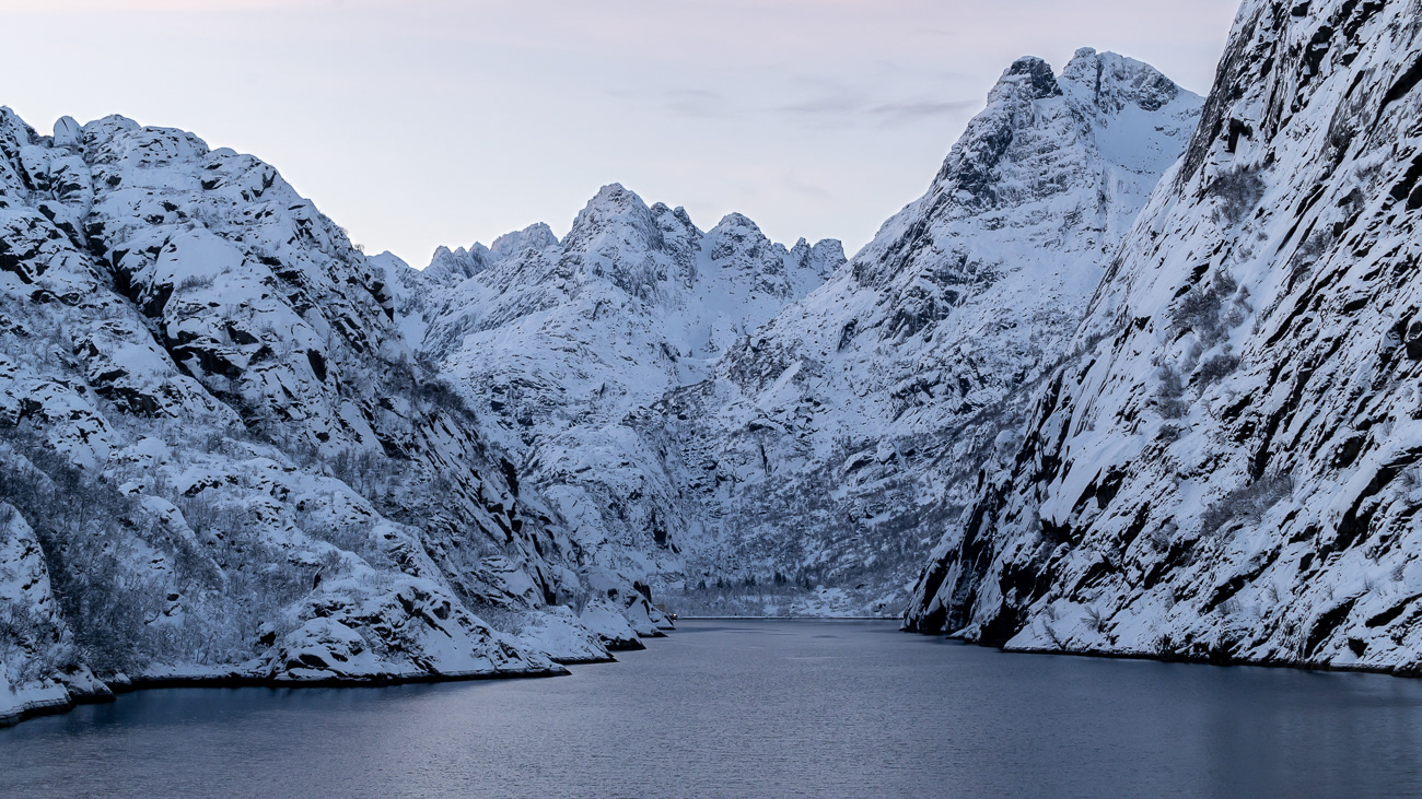 Trollfjord Fjord - Norway.  View from Hurtigruten MS Trollfjord looking into the mouth of Trollfjord Fjord - Image taken 20-11-23