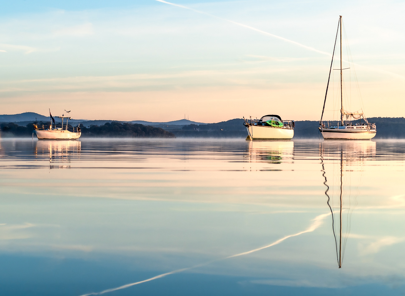Glassy Morning View - Balcolyn, Lake Macquarie NSW Australia.  Perfectly still morning just after sunrise - Image taken 7-8-24
