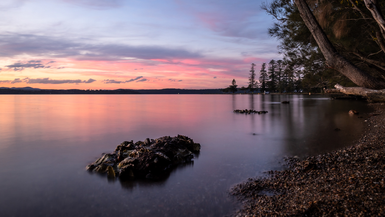 Serene Sunset - Yarrawonga Park, Lake Macquarie NSW Australia.  Serene setting along the foreshore looking across to Shingle Splitters Point - Image taken 26-2-24