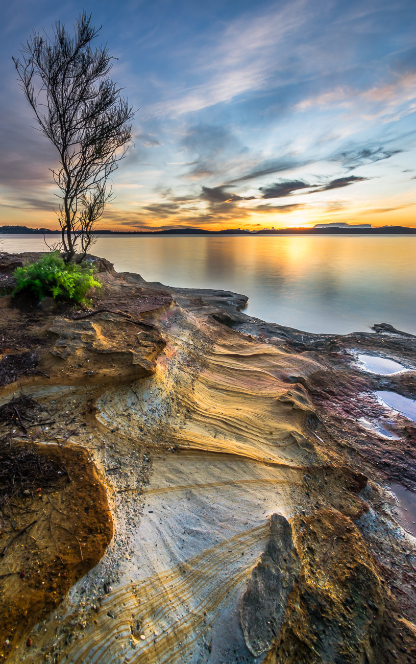 Golden Glow - Balcolyn, Lake Macquarie NSW Australia.  Beautiful rock formations setting off the golden sunrise - Image taken 3-4-20
