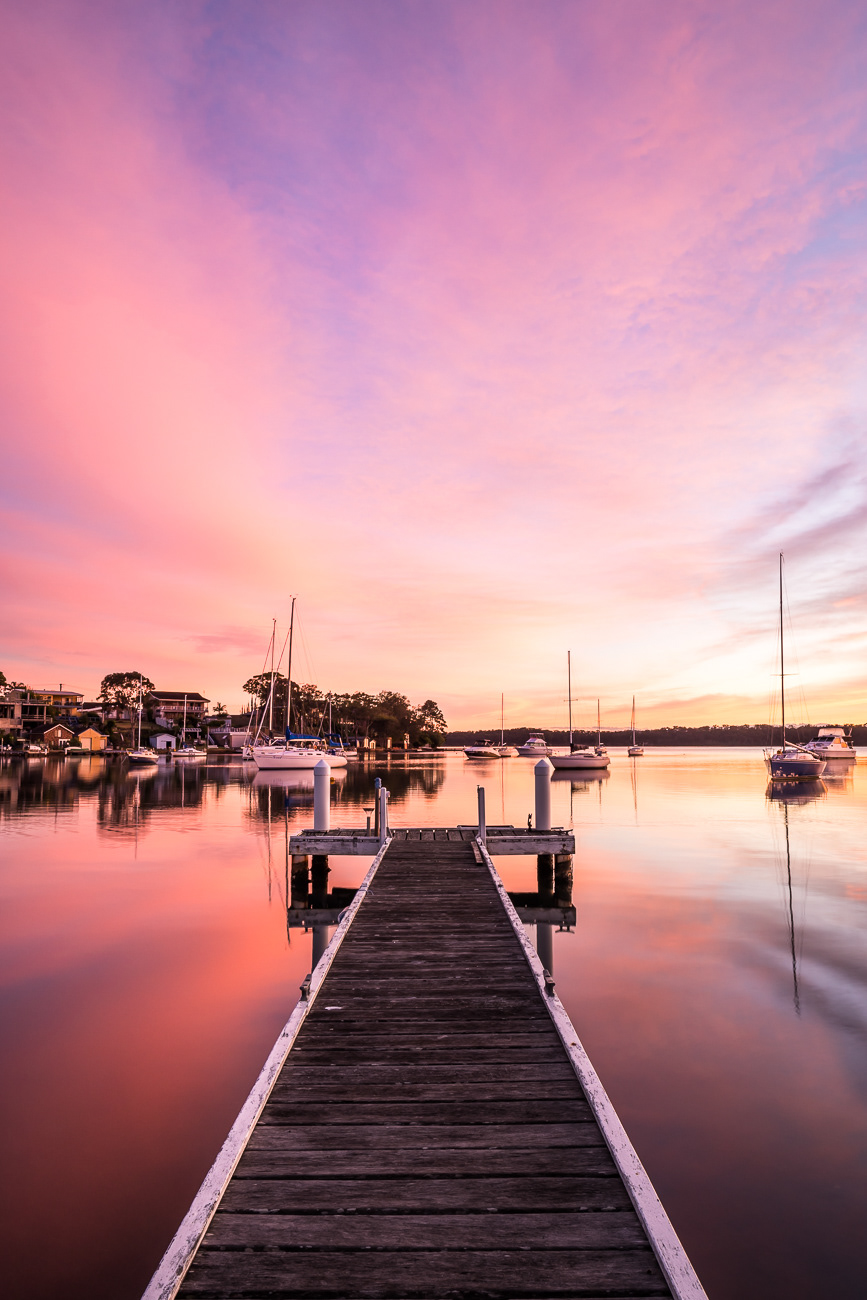 Sunrise Serenity Portrait - Sunshine, Lake Macquarie NSW Australia.  An idyllic lake scene at sunrise - Image taken 22-12-22