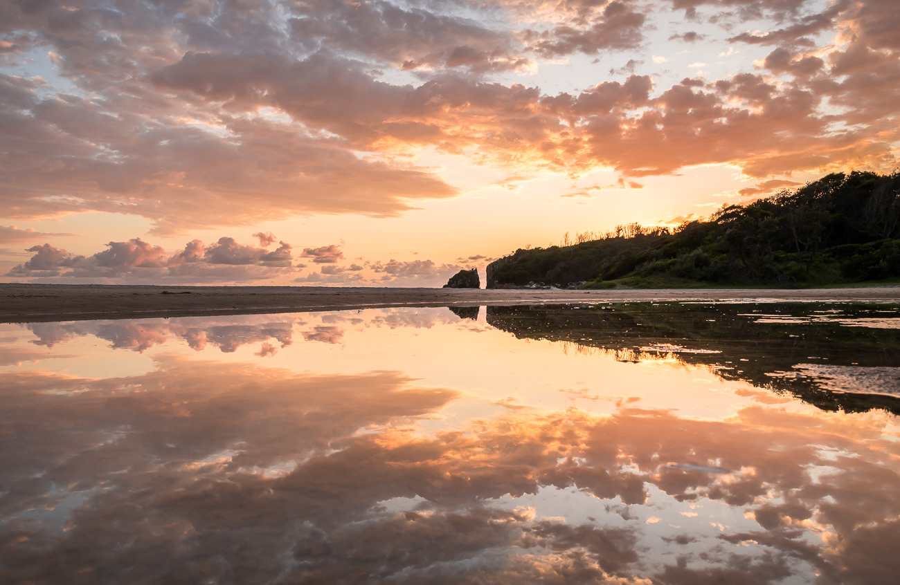 Sunrise Reflections - Diamond Head NSW Australia.  Reflection at sunrise on Diamond Head Beach - Image taken 8-2-23