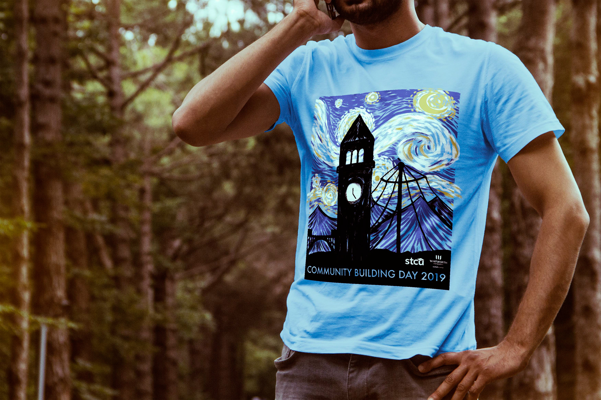 Community Building Day 2019 T-Shirt Design for Whitworth University's Dornsife Center for Community Engagement. T-shirt mockup photo provided by mockupworld.co.