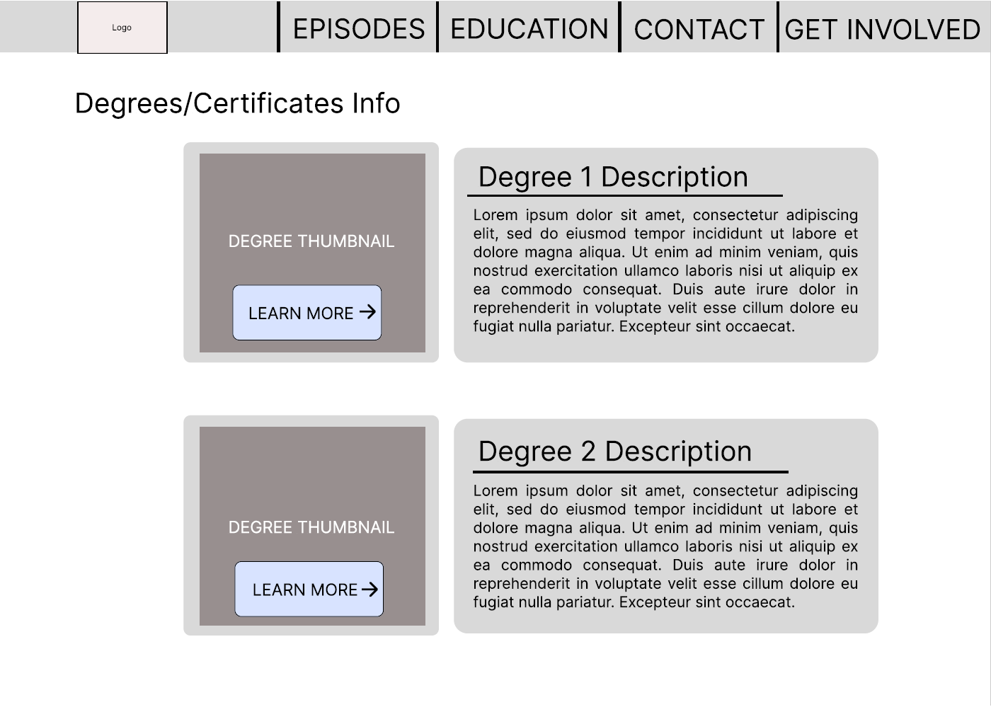 Initial wireframe of Degrees & Certificates page