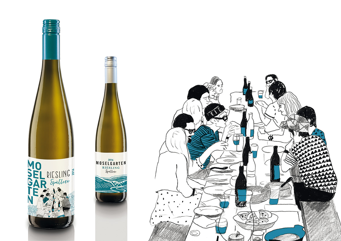 design wein etiketten, wine labels, illustration von jungen menschen am tisch, young people sitting at the table, party, geselligkeit, enjoyment, gusto, fun, spaß