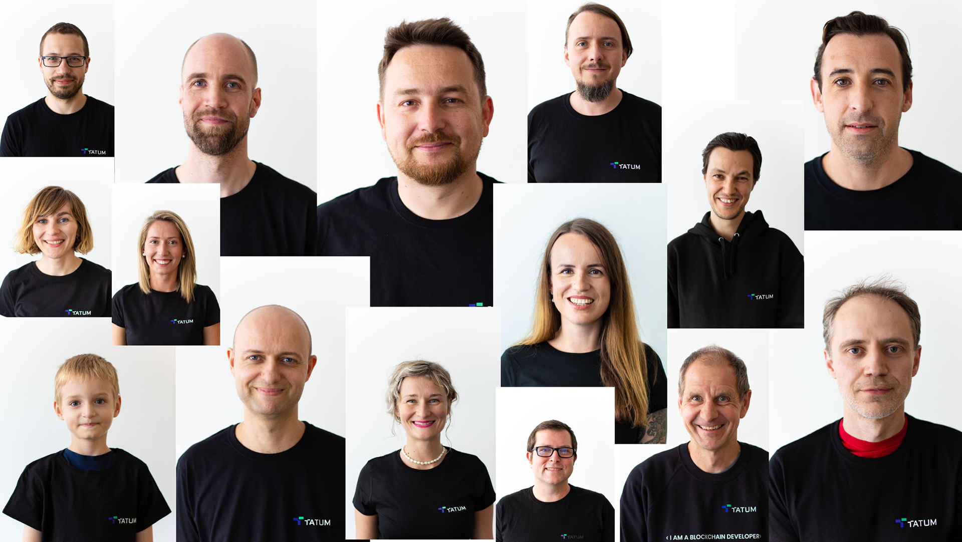 Koláž profesionálních portrétů zaměstnanců firmy TATUM na bílém pozadí. Sjednocené firemní profilové fotografie s důrazem na konzistentní vizuální styl.