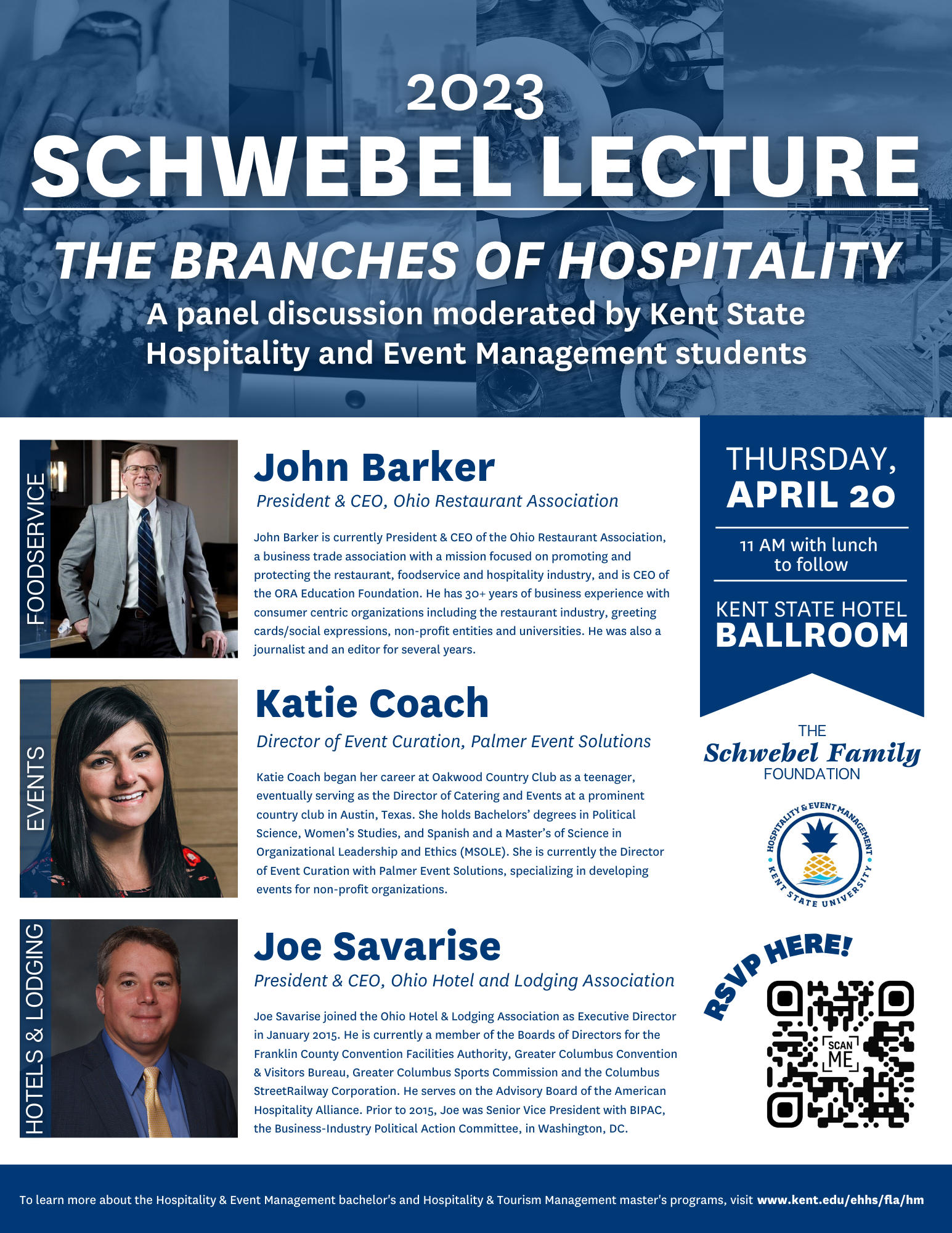 A flyer showcasing the 2023 Schwebel Lecture Series highlighting the branches of hospitality.