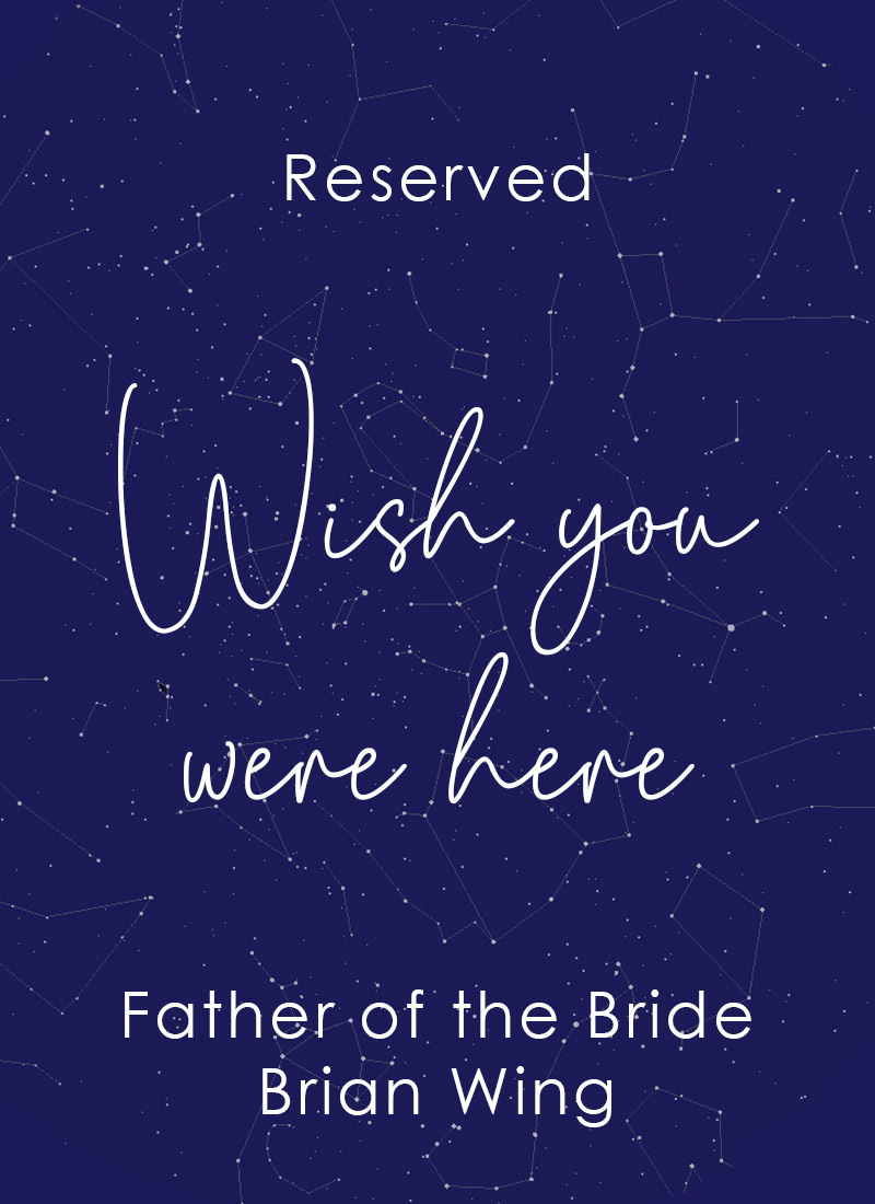 'Reserved: Wish you were here. Father of the Bride, Brian Wing.'