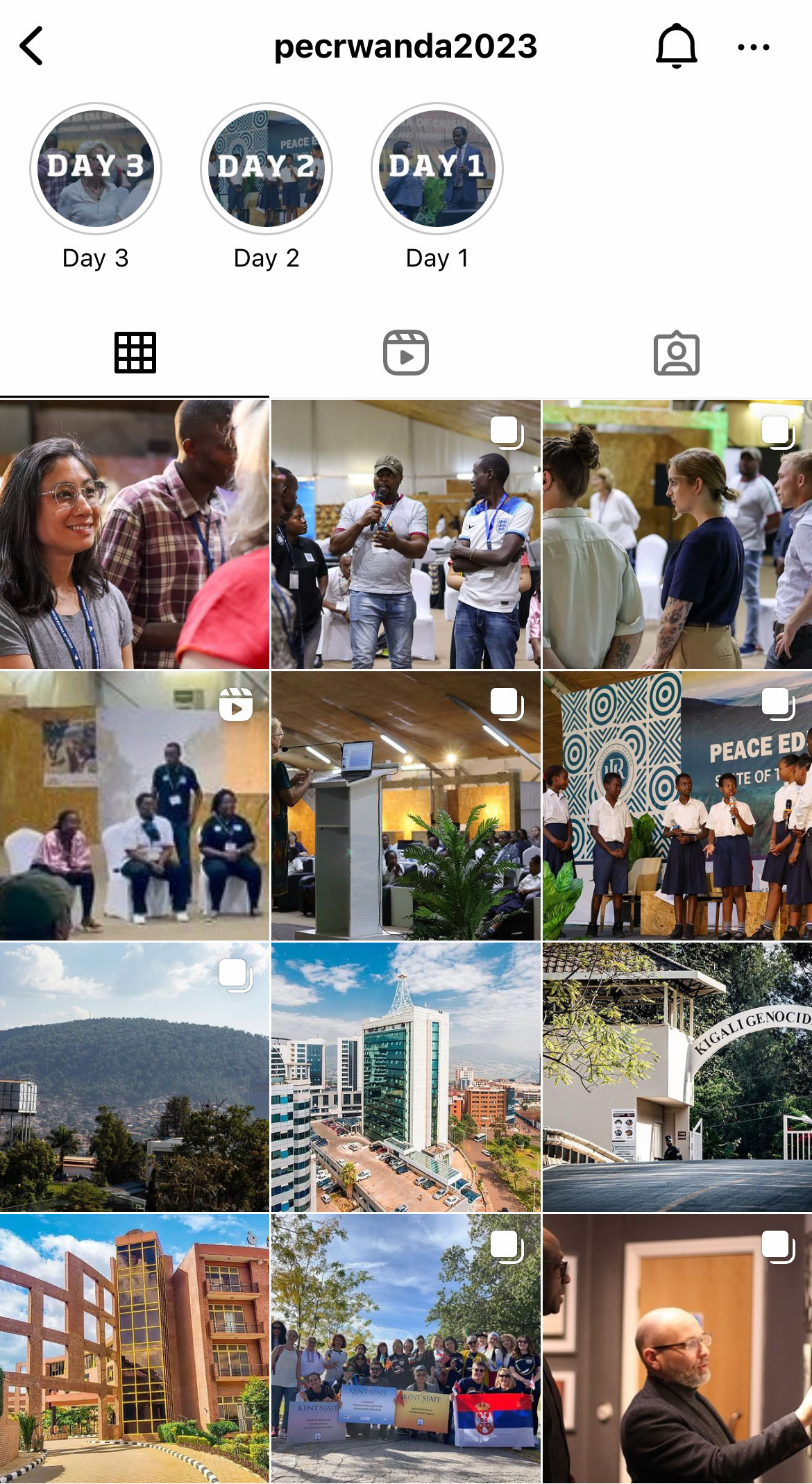 The pecrwanda2023, Peace Education Conference Instagram Account, home feed showcasing a grid of photos from the conference.