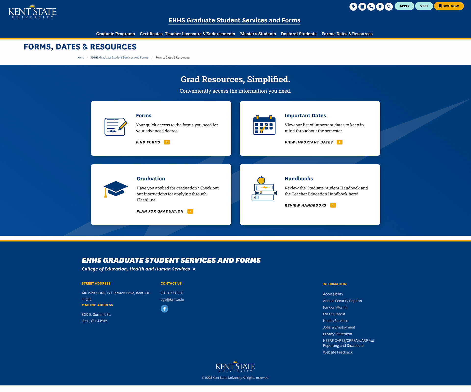 A screenshot of the Forms, Dates and Resources tab of the Office of Graduate Student Services' website. It showcases blocked icon elements that tease specific information such as forms, important dates, graduation, and handbooks for easy navigation.