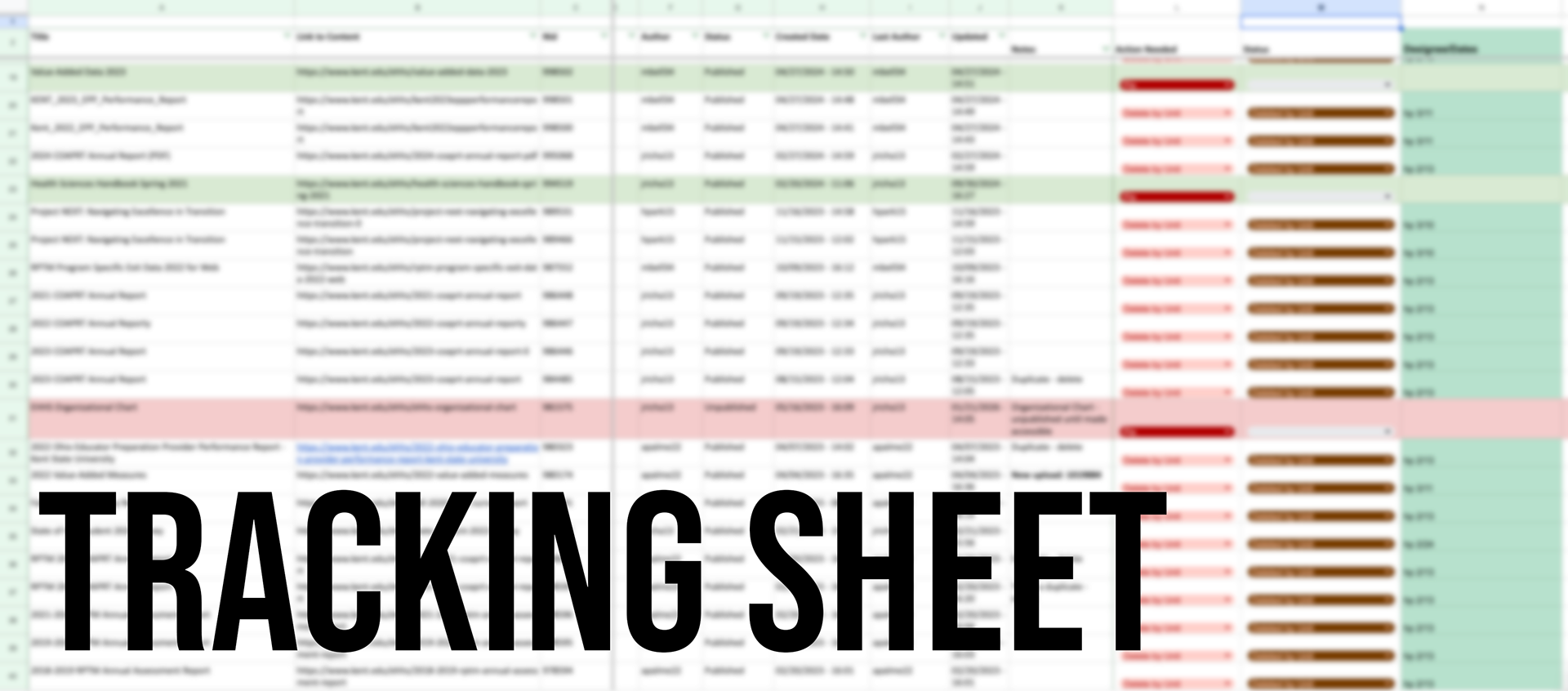 A blurred spreadsheet with text that says 'Tracking Sheet' to show the process of tracking documents.