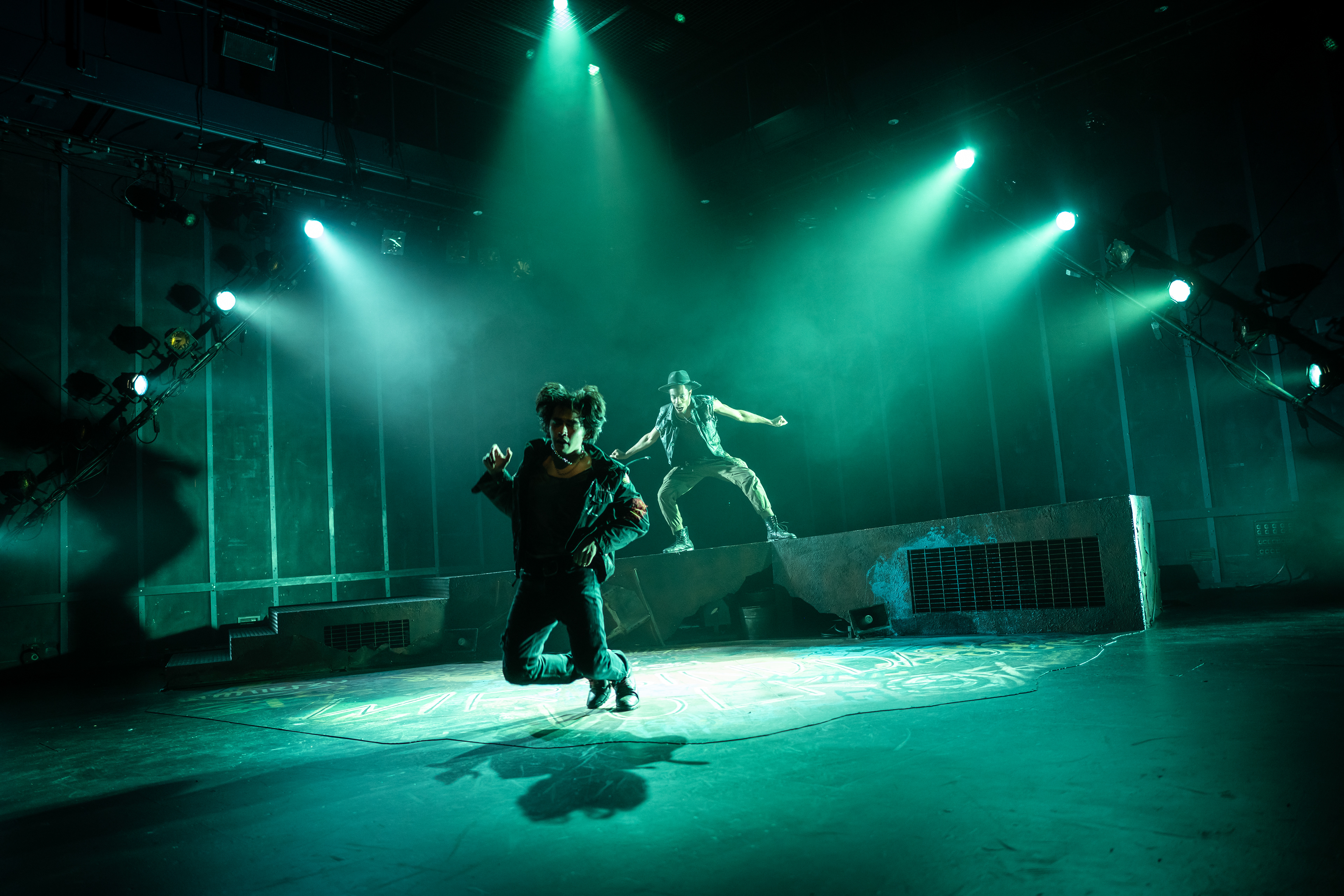 Gerardo Navarro and Michael Bahsil Cook as Woyzeck and The Showman, respectively, in CMU Drama's production of 'Woyzeck.' (Photo & LD by JDH)