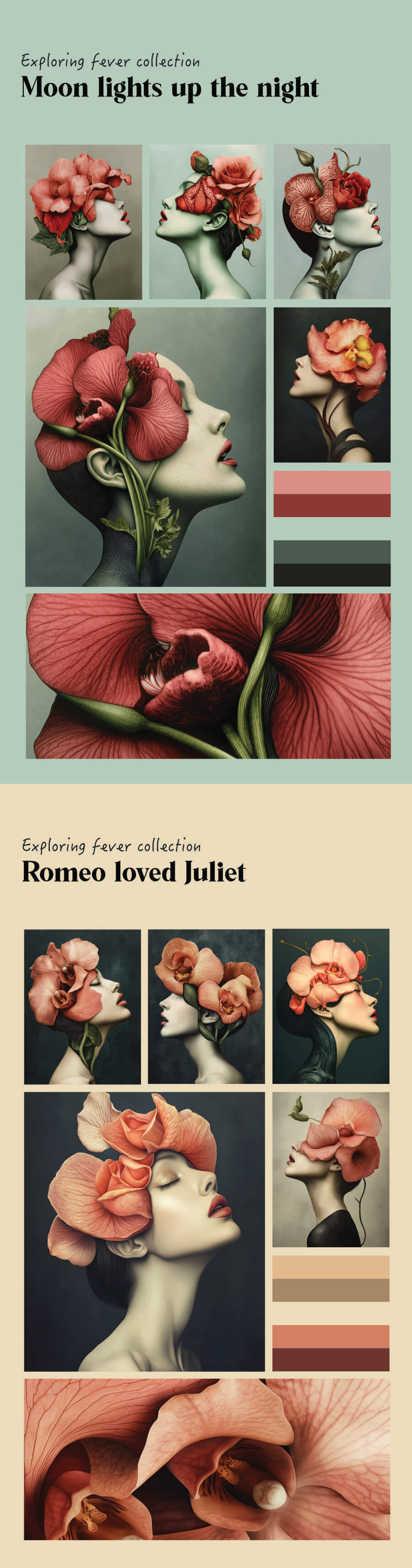 Moodboard page titled "Moon lights up the night" showing six Fever portraits in deeper rose and crimson floral tones against sage-green backgrounds, with a matching dusty pink and charcoal color palette.  Moodboard page titled "Romeo loved Juliet" showing six Fever portraits in peach and blush orchid tones against dark navy backgrounds, with a tan and rose color palette swatch.