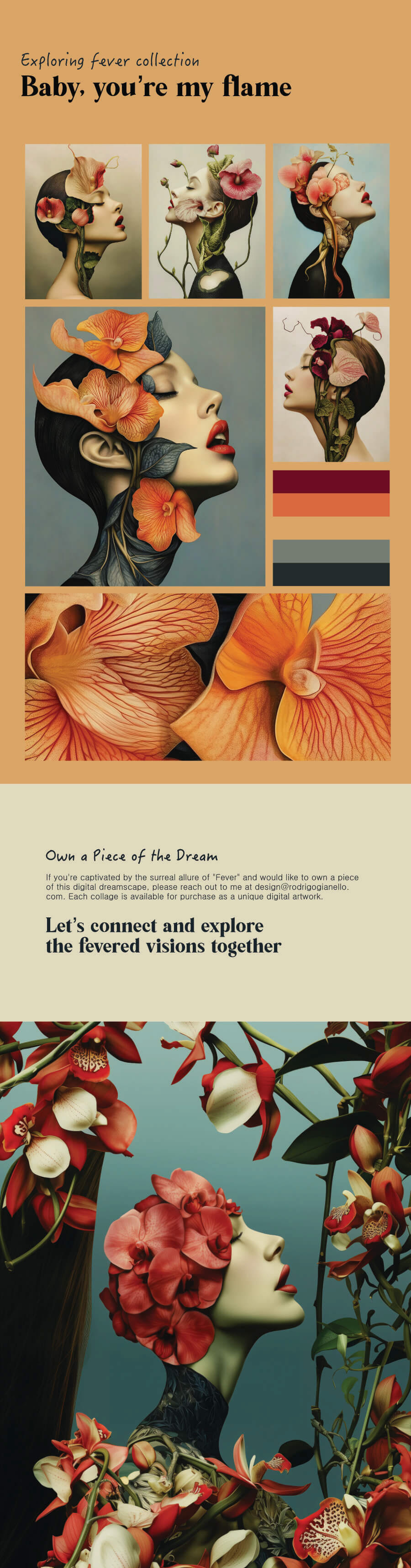 Moodboard page titled "Baby, you're my flame" showing six Fever portraits in warm orange and burgundy floral tones, with a matching maroon, coral, and slate color palette.  Closing page of the Fever collection inviting collectors to purchase a piece, set above a portrait of a woman with red orchids covering her head, surrounded by white and burgundy orchid branches.