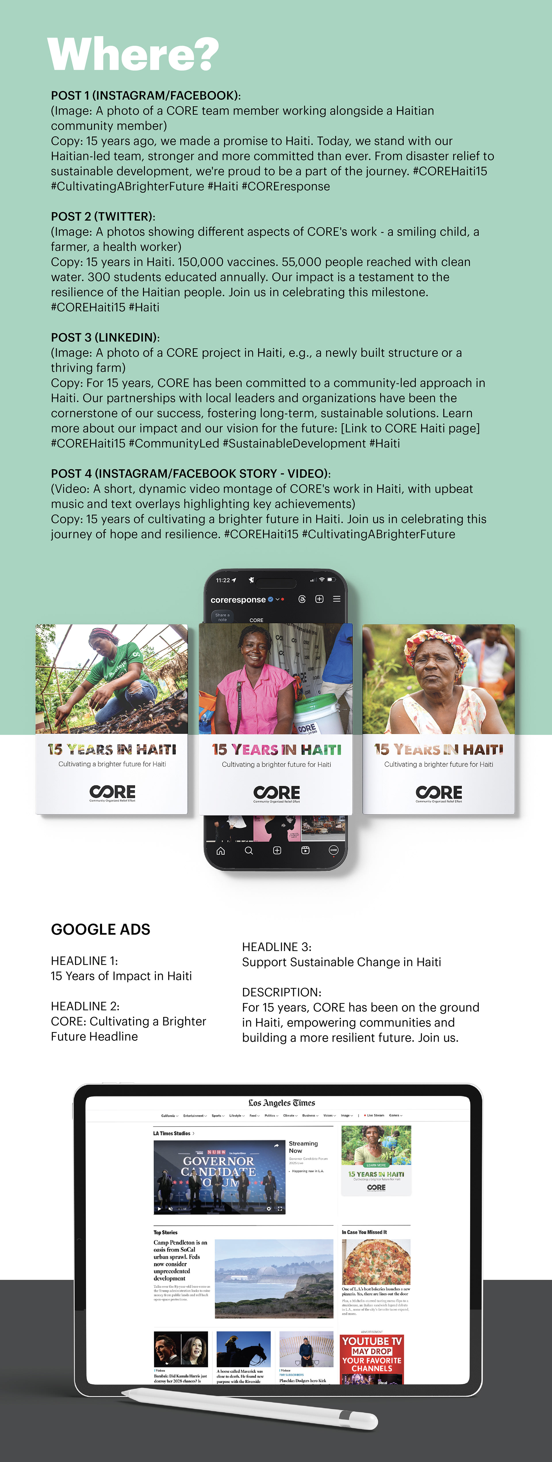 Campaign distribution page outlining social posts, Google ad headlines, and target audience strategy, with a phone mockup showing three Instagram story cards of Haitian community members under the "15 Years in Haiti" banner, alongside an iPad mockup of a Los Angeles Times homepage display ad placement.