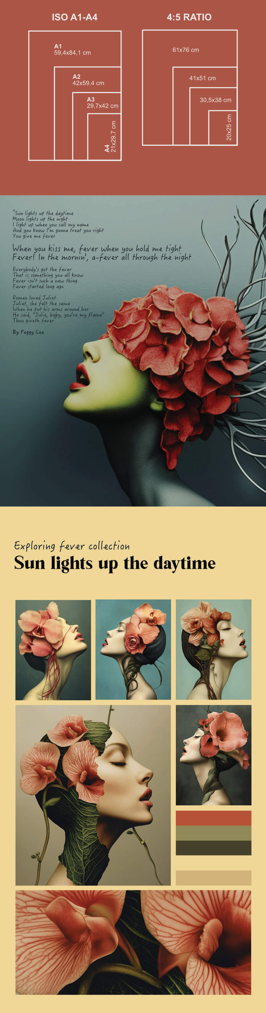 ntroduction page for the Fever collection on a terracotta background, describing the series as AI-assisted photo collages inspired by surrealism, with print size specifications for ISO A1 through A4 and a 4:5 ratio range from 61x76cm down to 20x25cm.  Inspiration page crediting Peggy Lee's song "Fever" as a reference point for the collection, displayed as a full page of handwritten-style typography over a muted blue-green background.  Moodboard page titled "Sun lights up the daytime" showing six Fever portraits in warm coral and peach tones, paired with a tan, coral, and olive color palette swatch.
