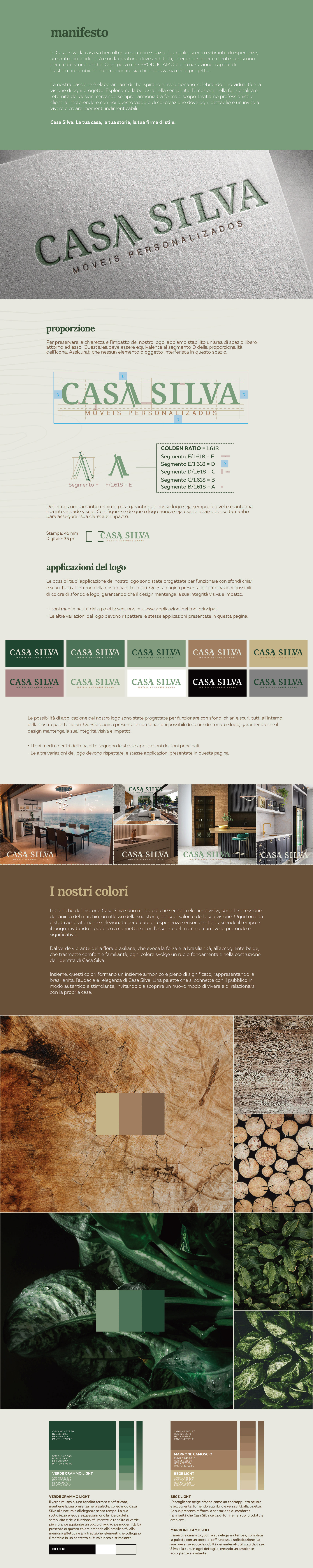 Casa Silva manifesto and logo guidelines page: opens with the brand manifesto on a sage-green background, followed by a textured paper mockup of the wordmark, golden-ratio logo construction diagrams, a grid of logo color and background combinations, kitchen photography with the logo applied, and a color story pairing wood-grain and leaf photography with the primary palette swatches.