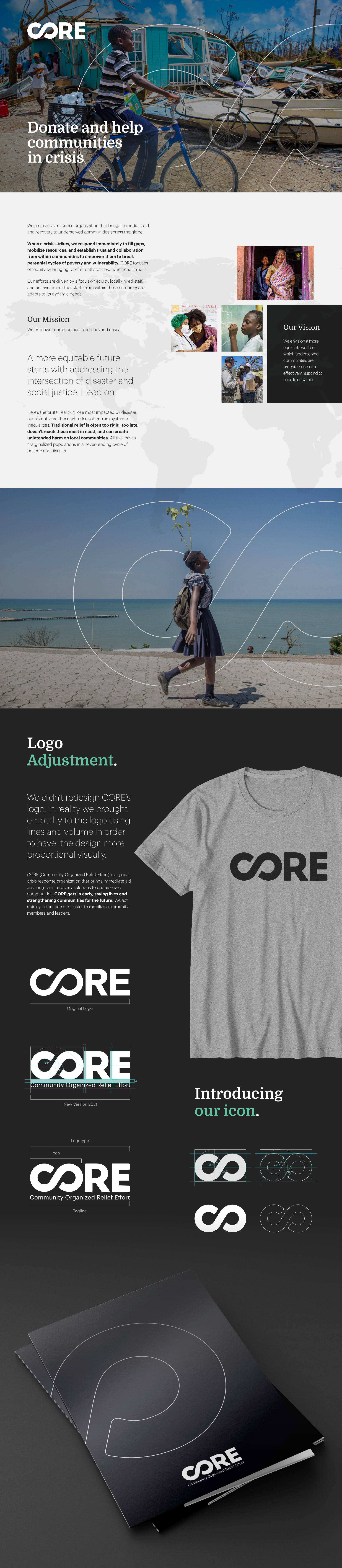 Laptop mockup of a CORE webpage reading "We empower communities in crisis" over a photo of relief workers clearing storm debris, paired with the Domine display typeface specimen in regular and semibold weights.